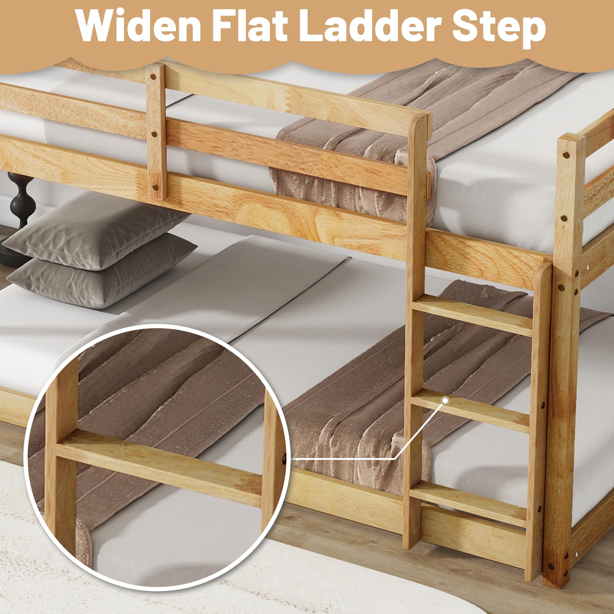Twin Over Twin Wooden Bunk Bed - Low Profile Floor Bunk Bed with Safety Ladder & Guardrails for Kids | No Box Spring Needed | Perfect for Small Bedrooms, Kids' Rooms & Space-Saving Solutions