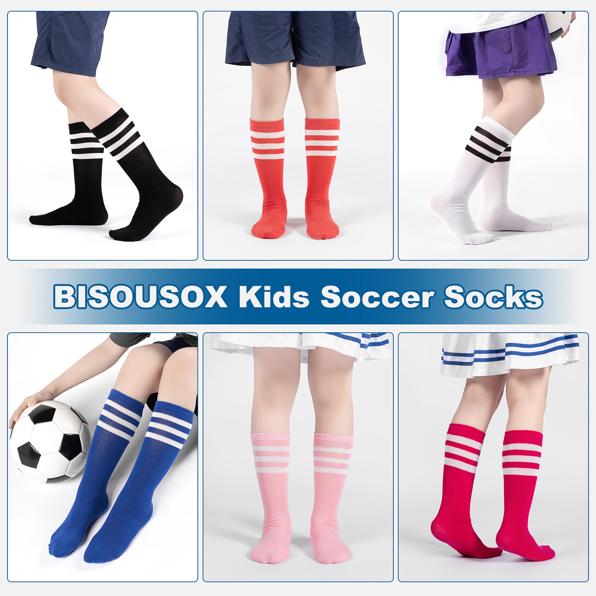BISOUSOX Kids Soccer Socks - Knee High Athletic Socks for Boys & Girls Ages 6-12 - Cotton Uniform Socks with Stripe Design - Perfect for Soccer Games, Training & Sports Activities