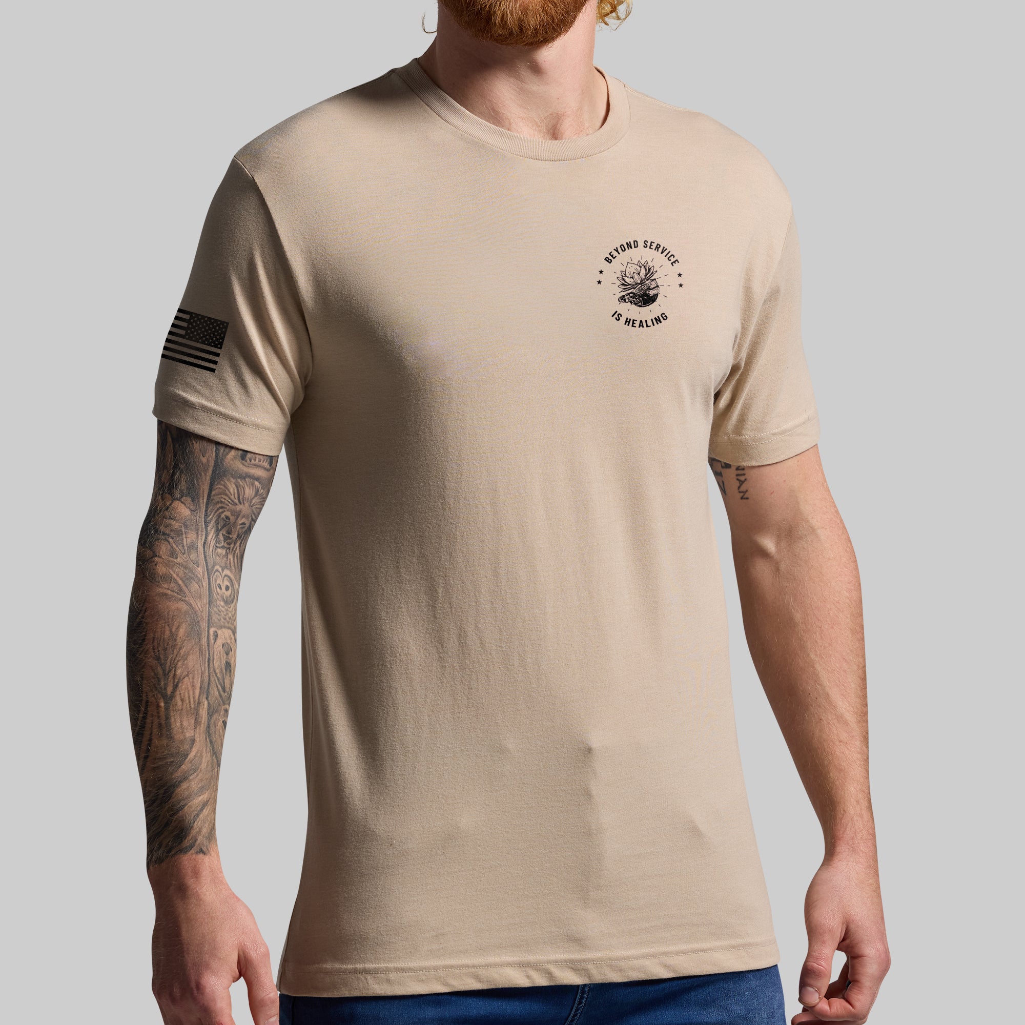 Beyond Service Healing Tee - Comfortable Tan T-Shirt for Veterans & First Responders | Casual Wear & Support Apparel