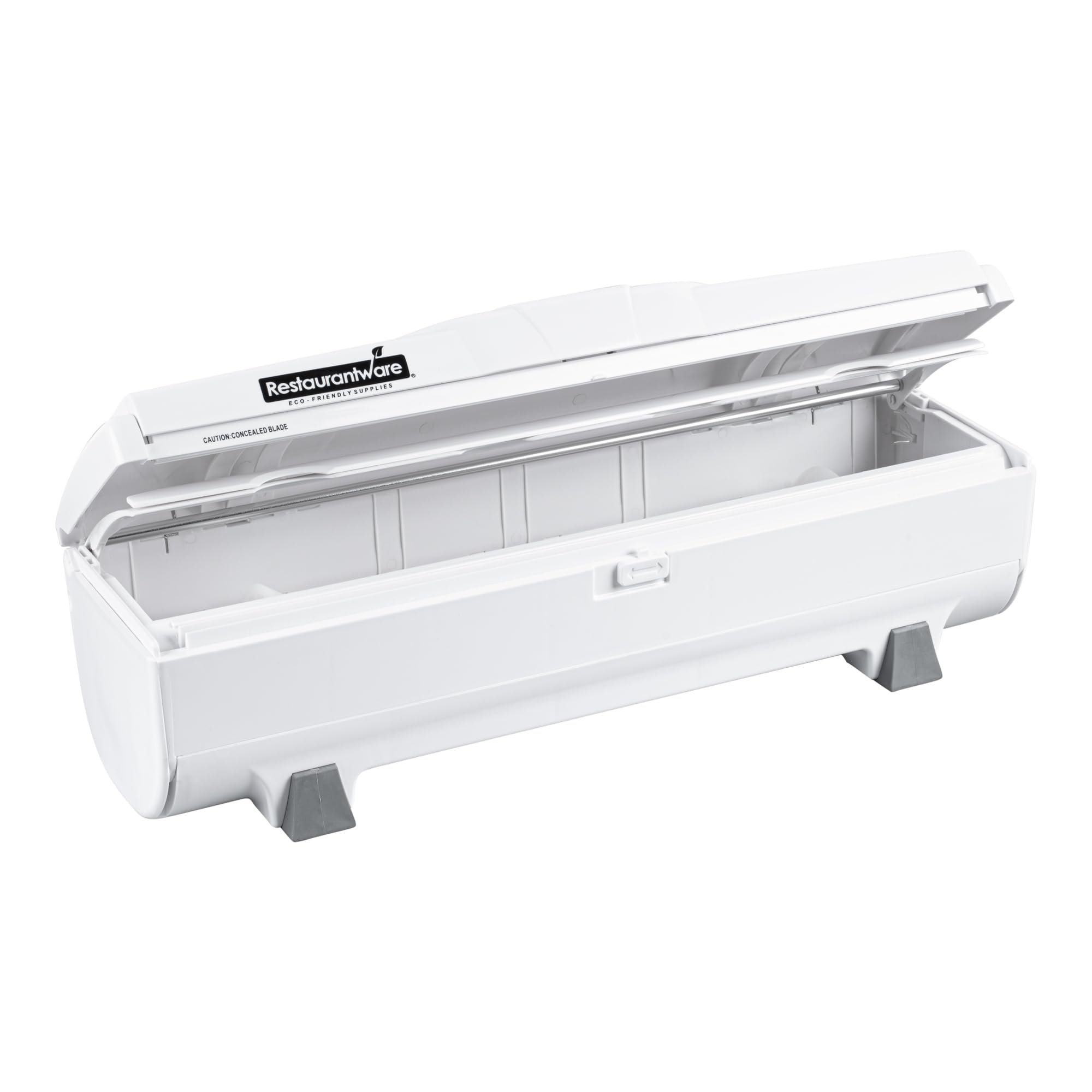 Restaurantware RW Base Food Wrap Dispenser with Cutter - Refillable Cling Wrap & Aluminum Foil Dispenser for 12” to 18” x 2000’ Rolls - Press Down & Cut System with Sharp Blade - White Plastic - Perfect for Restaurants, Catering & Home Kitchen Storage