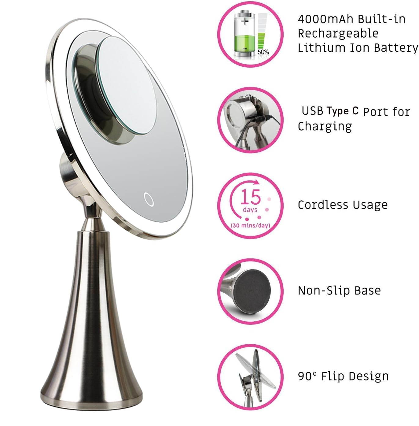 9 Inch Lighted Round Makeup Mirror with 5X/10X Magnification - Ultra Bright LED Vanity Mirror, Rechargeable & Cordless, Touch Control Adjustable Brightness, Brushed Stainless Steel - Perfect for Home Makeup, Salon, and Dressing Room