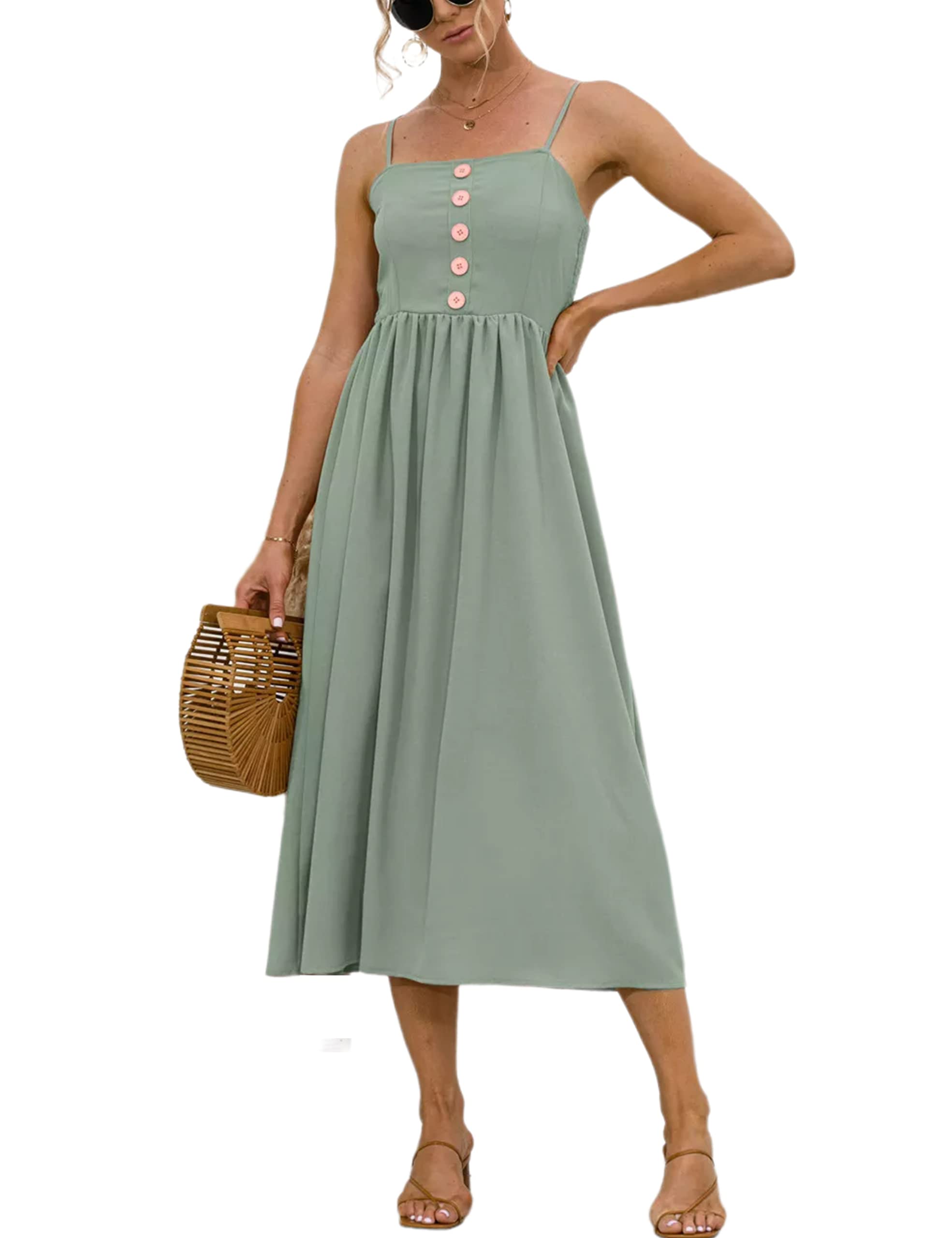 Hathne Women's Summer Spaghetti Strap Sleeveless Beach Dress - Casual Midi Slip Dress for Vacation, Pool Party & Date Night