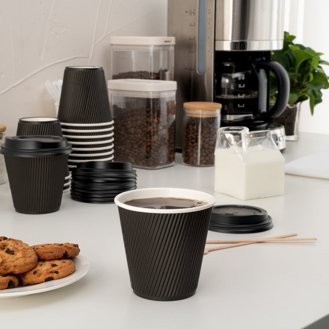 8 oz Black Ripple Wall Paper Coffee Cups with Lids - 20 Count Bulk Pack (3.5