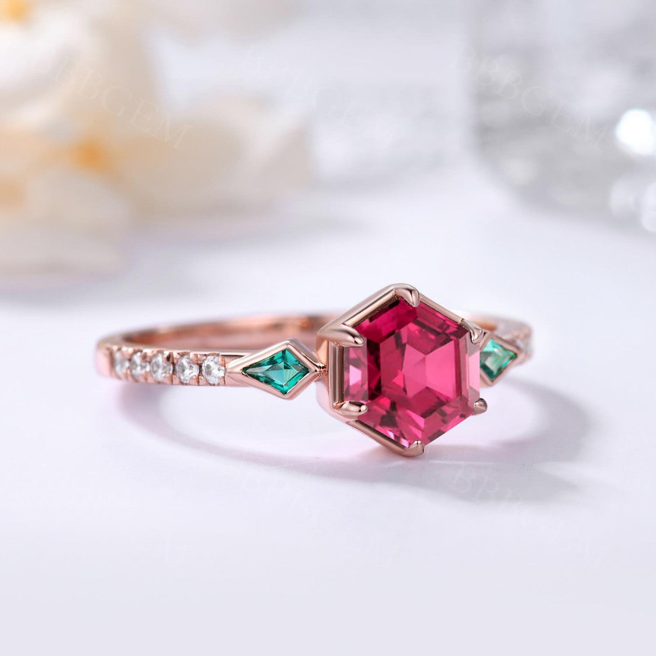 Vintage Hexagon Lab Ruby & Emerald Engagement Ring for Women - Silver 3 Stone Kite Cut Side Stones, Perfect for Weddings, Anniversaries & Special Occasions