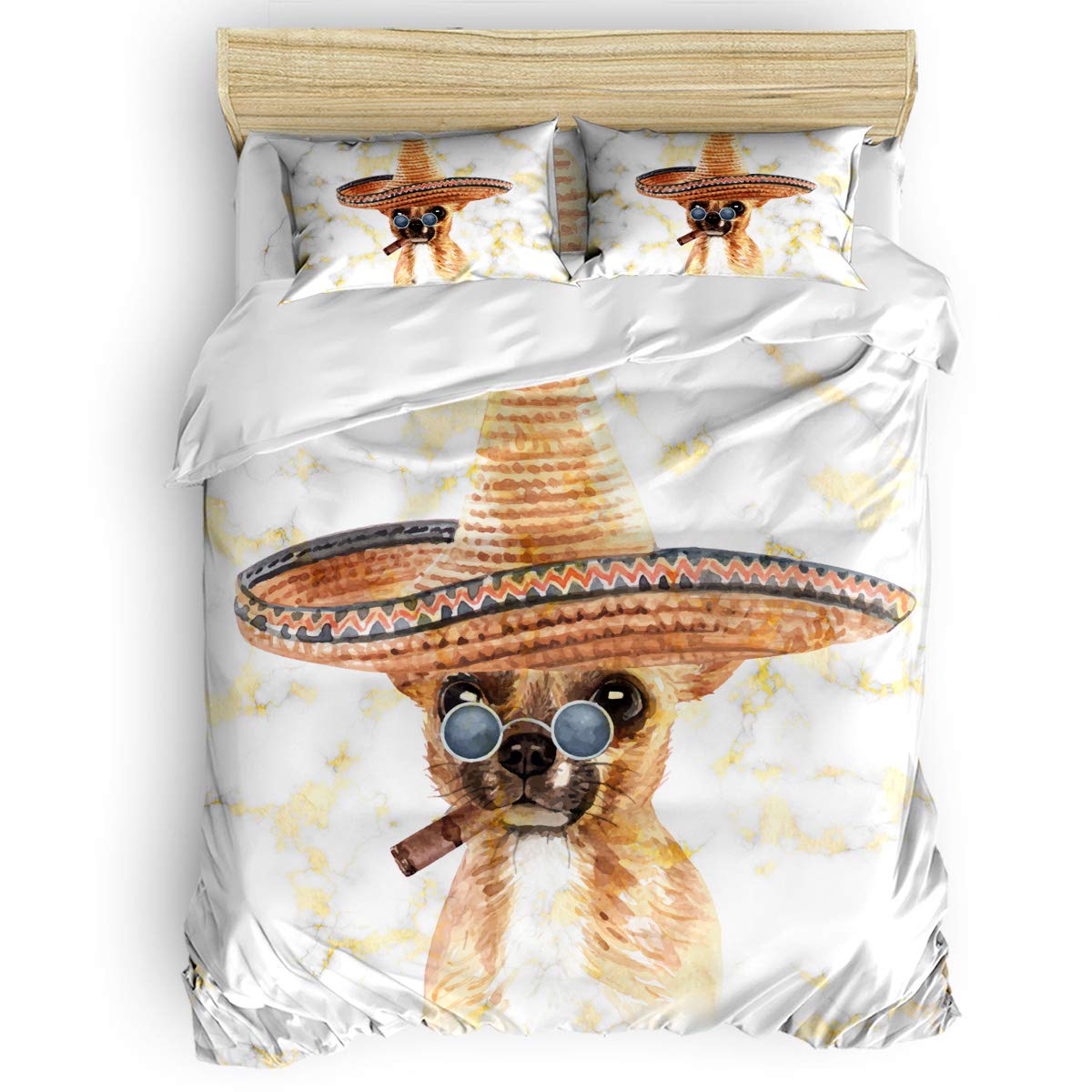 Cute Marble Dog Duvet Cover Set - Chihuahua with Hat & Sunglasses for Bedroom Decor