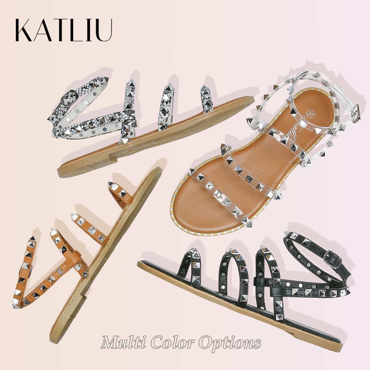 Katliu Women's Strappy Studded Gladiator Flat Sandals with Ankle Strap - Comfortable Summer Casual Shoes for Beach, Vacation & Daily Wear