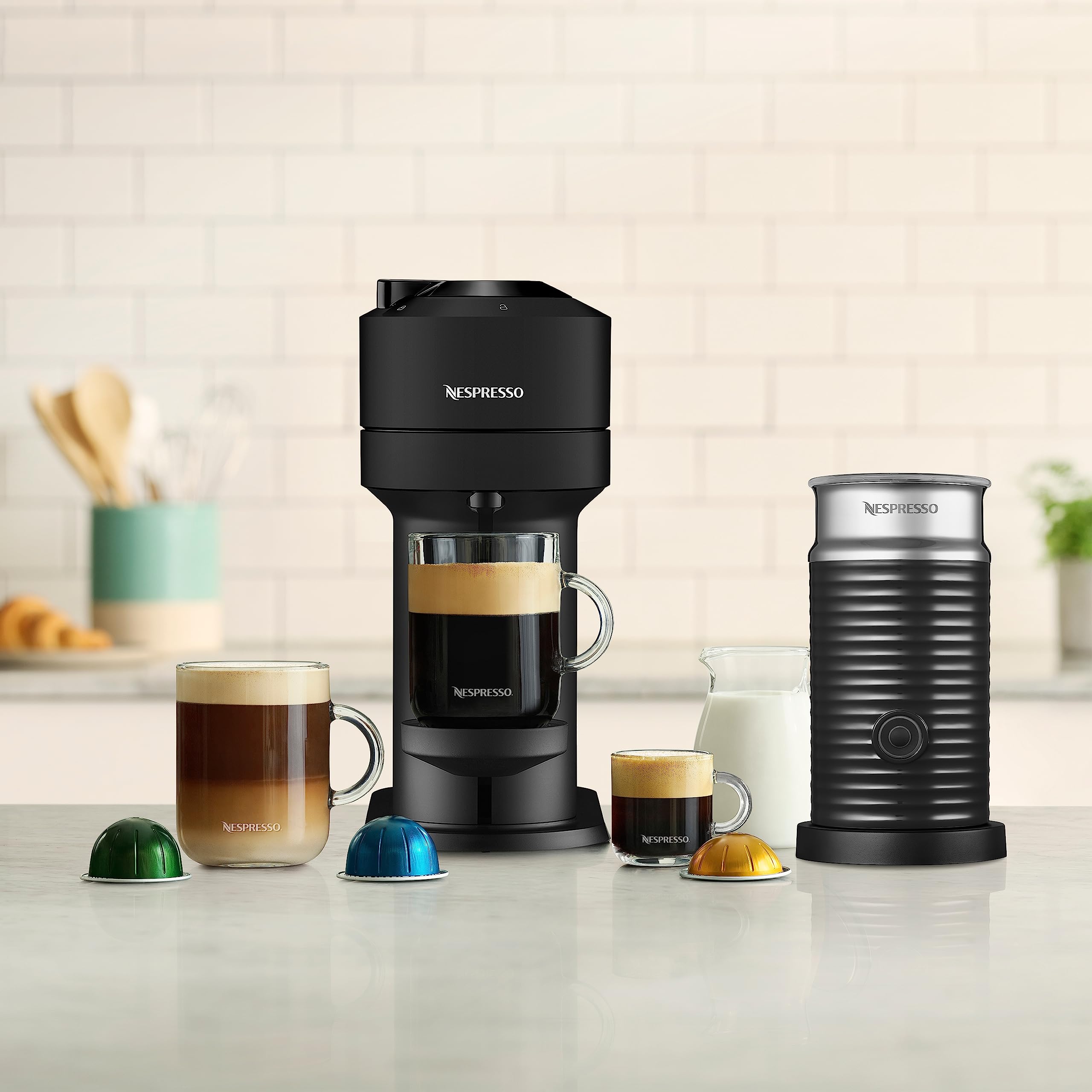 Nespresso Vertuo Next Coffee and Espresso Machine with Aeroccino Milk Frother by Breville - Matte Black | Single-Serve Pod Brewer for Home & Office Use