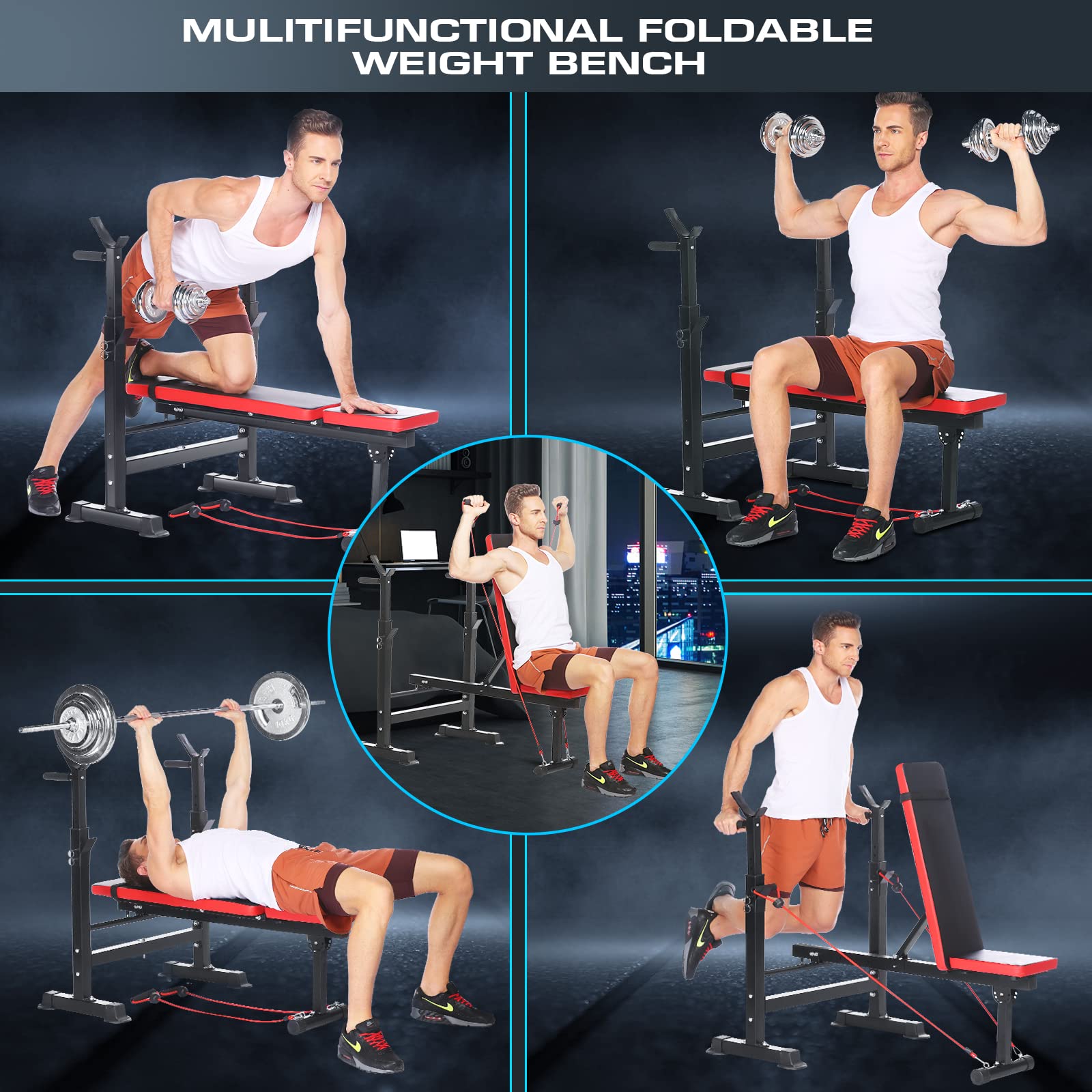**Aceshin 6-in-1 Adjustable Weight Bench with Squat Rack & Removable Foot Bracket – 600lbs Capacity Home Gym Bench Press Set, Workout Bench with Weight Storage for Strength Training (Incline/Flat/Decline/Sit-Up) – Perfect for Home & Garage Gym Workouts**