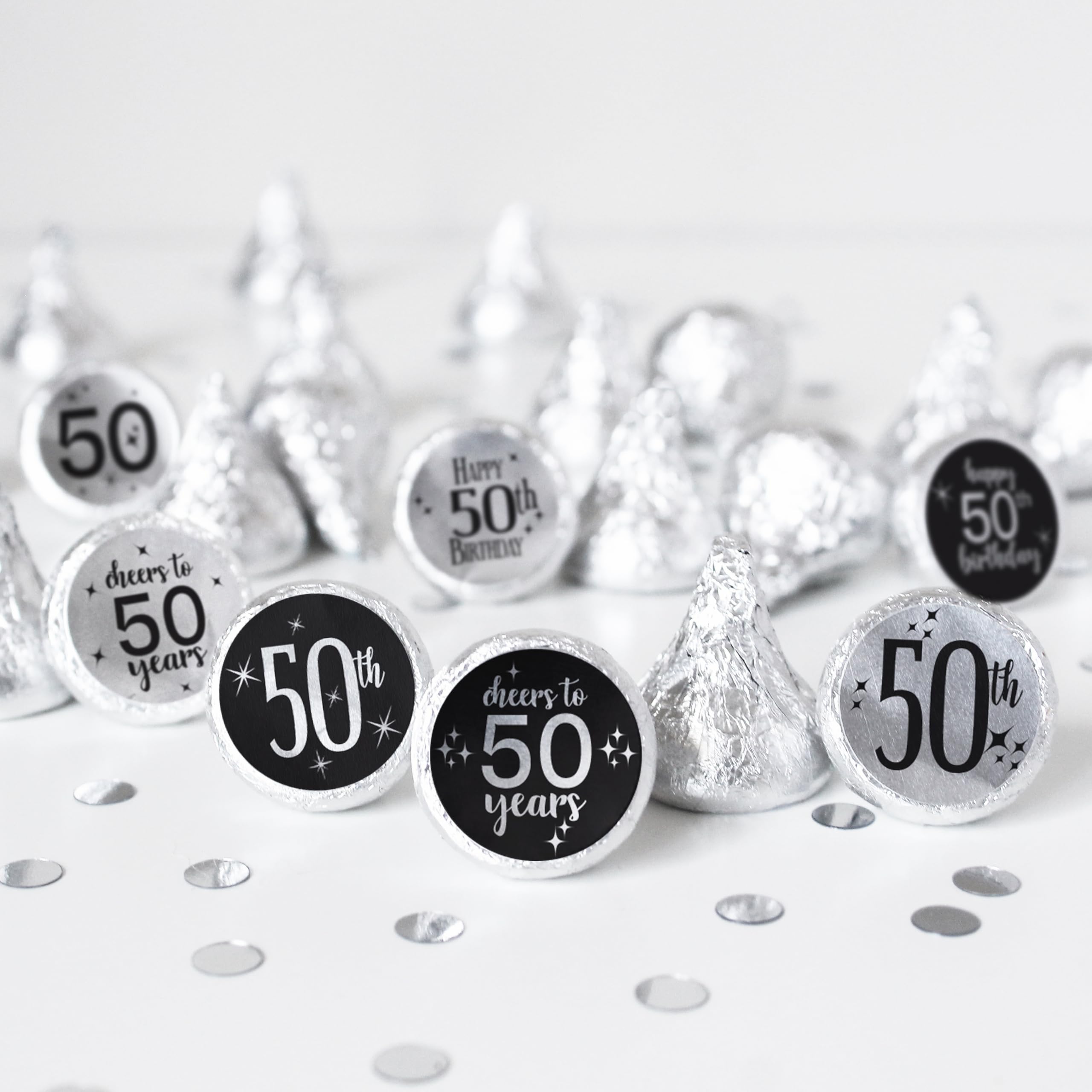 50th Birthday Party Favors - Black & Silver Foil Chocolate Kisses Candy Stickers (180 Labels) - Elegant Anniversary Celebration Decorations - Perfect for Milestone Birthday Parties, Retirement Celebrations & Golden Anniversary Events