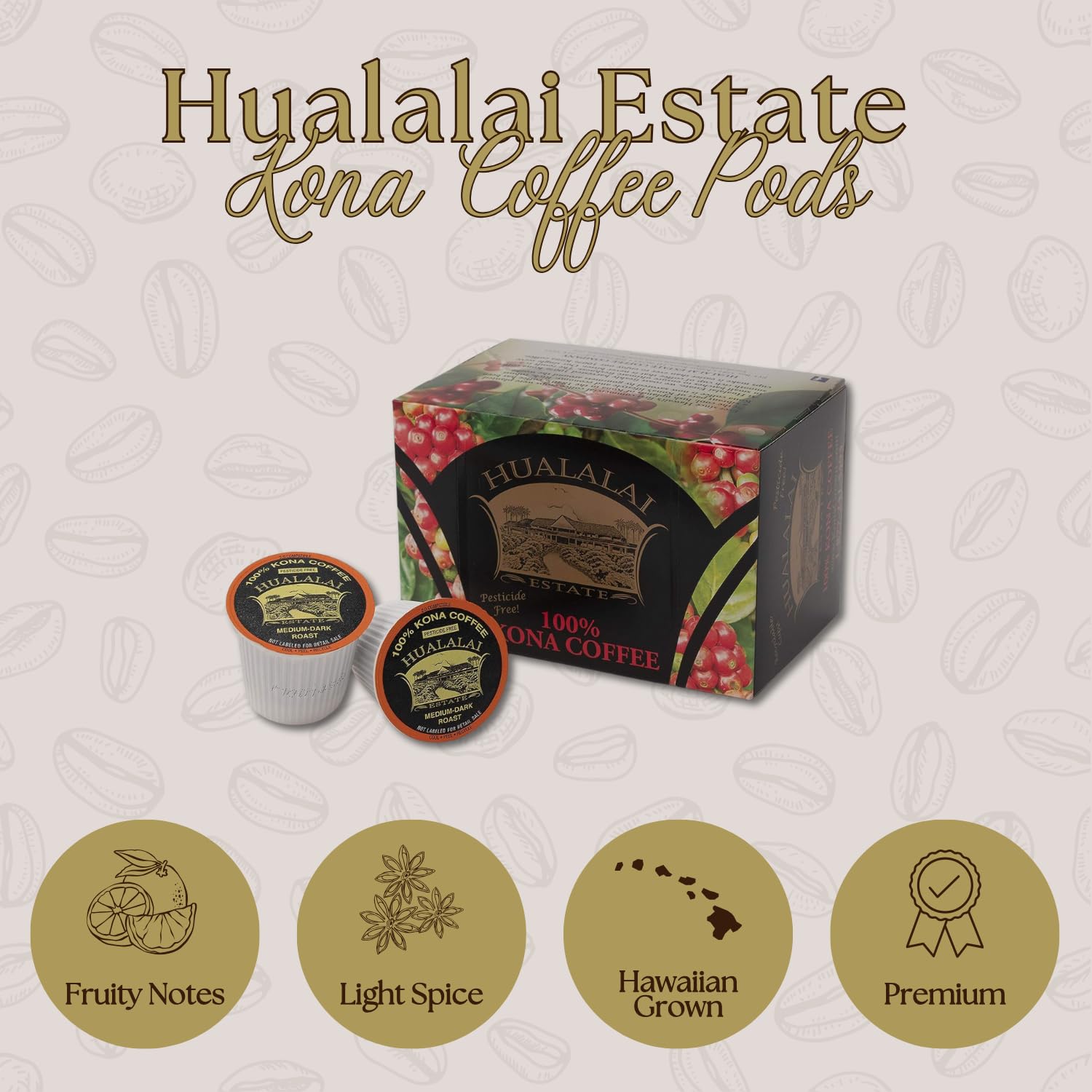 Premium 100% Kona Coffee Pods - Medium Dark Roast Single Serve Cups by Hualalai Estate (12 Count) - Authentic Hawaiian Ground Coffee for Keurig Machines - Perfect for Office, Home & Gifts