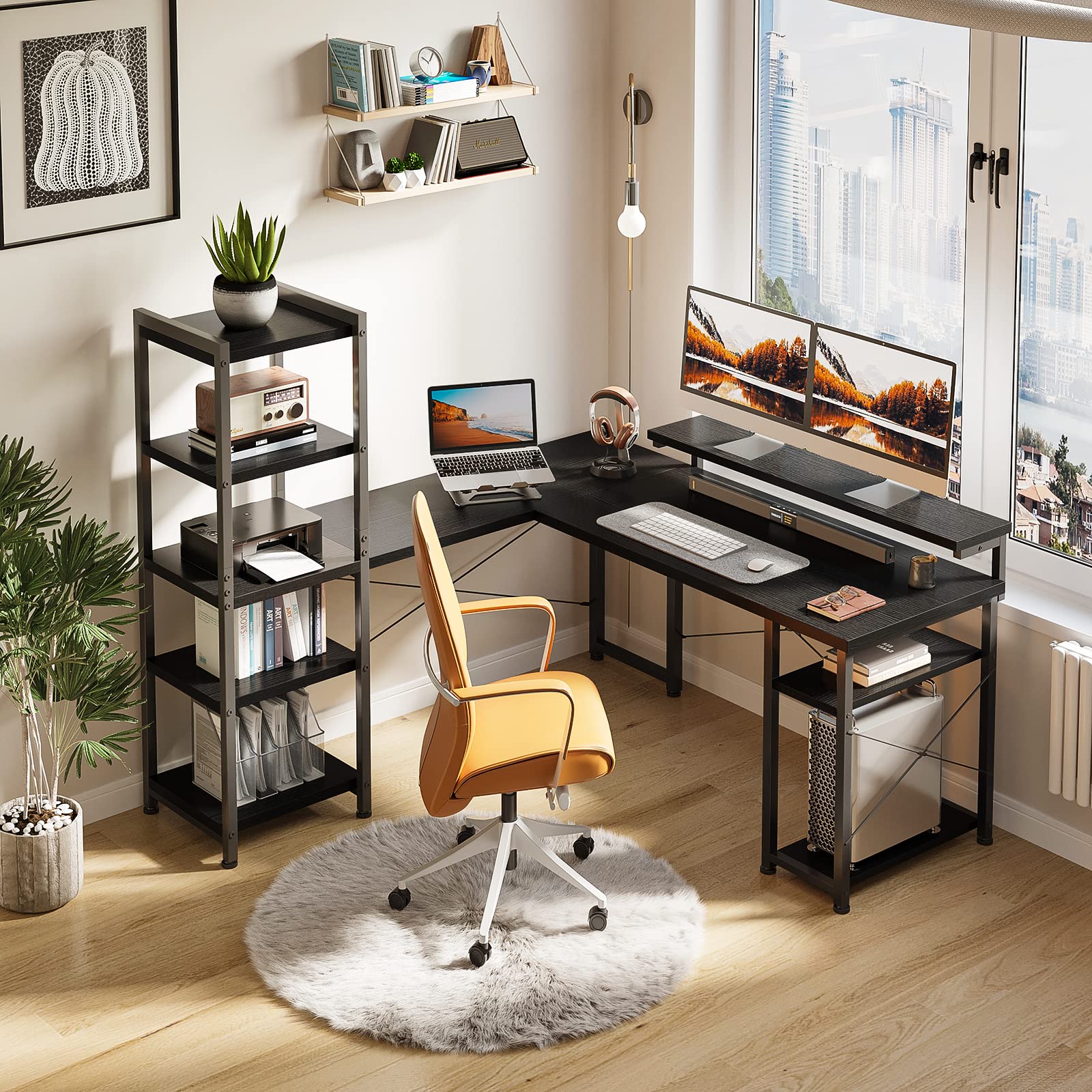 ODK L-Shaped Desk with Shelf, Black 140×137 cm - Long Monitor Support, Home Office & Gaming Desk for Workspace & Study Room