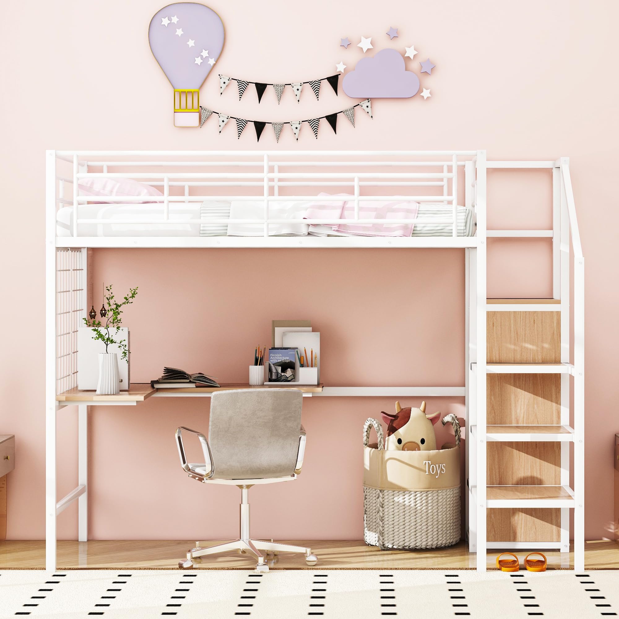 DNYN Twin Size Loft Bed with L-Shaped Desk, Storage Shelves & Wardrobe - Space Saving Metal Bed Frame for Kids Teens & Adults - Sturdy Design with Safety Guardrails - No Box Spring Needed - White - Perfect for Small Bedrooms, Dorms & Studio Apartments
