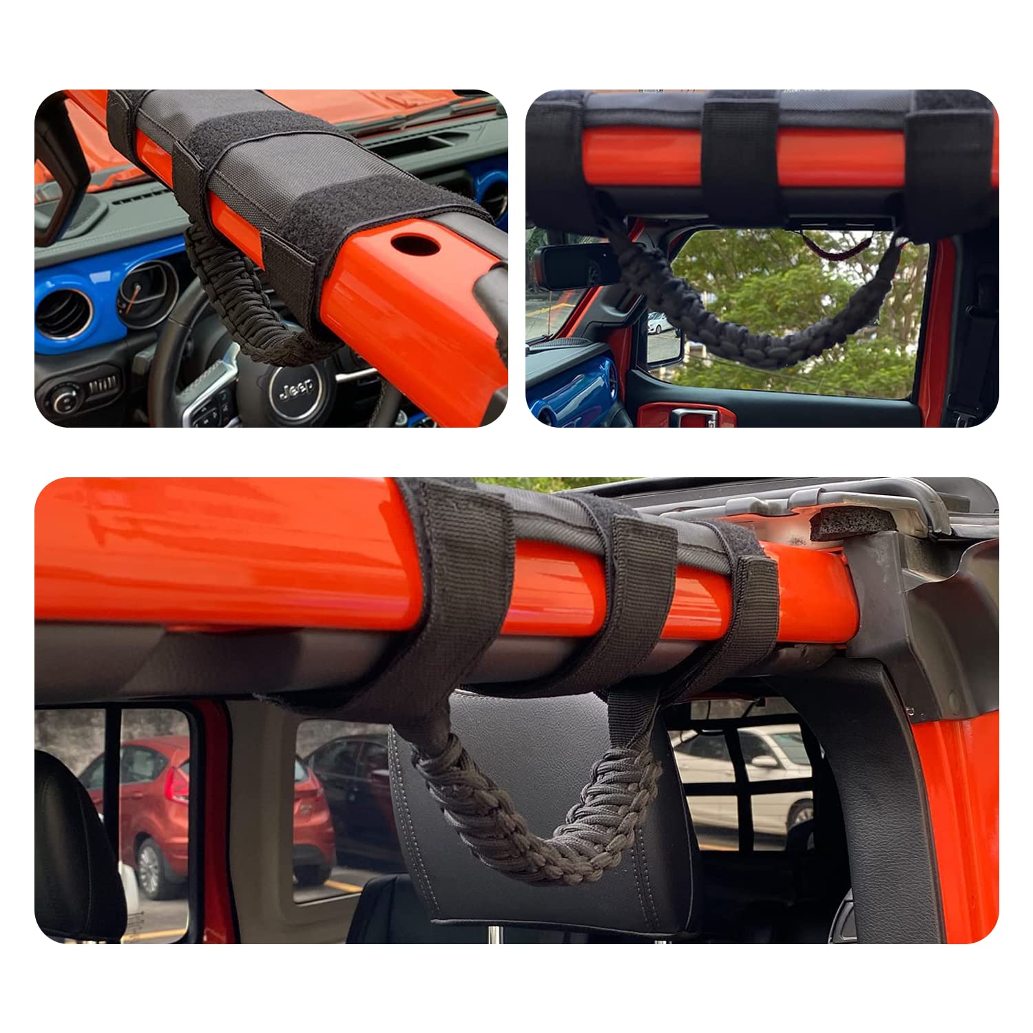 Jeep Roll Bar Grab Handles with US Flag Design - Compatible with Wrangler YJ TJ JK JKU JL JLU & Gladiator JT (1955-2023 Models) - Black 4-Piece Set - Off-Road Accessories for Enhanced Safety & Style