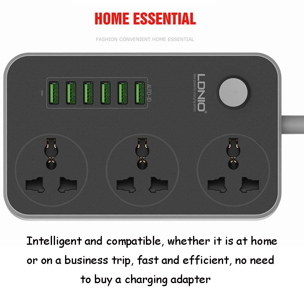 Universal Power Strip with 3 Outlets & 6 USB Ports - 2m Extension Cord with EU Plug for Home, Office & Travel Charging Multiple Devices Simultaneously