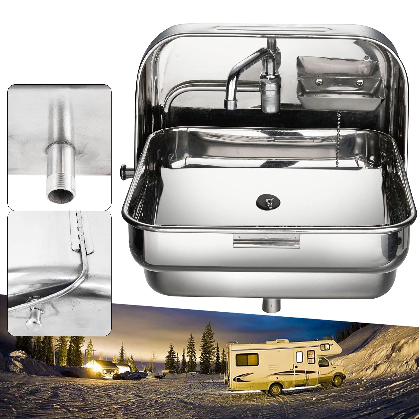 Portable Stainless Steel Folding Sink with Faucet for Caravan Boat RV - 14.56x14.76x15.35 Inch | Compact Space-Saving Design | Perfect for Outdoor Camping, Travel & Small Space Living