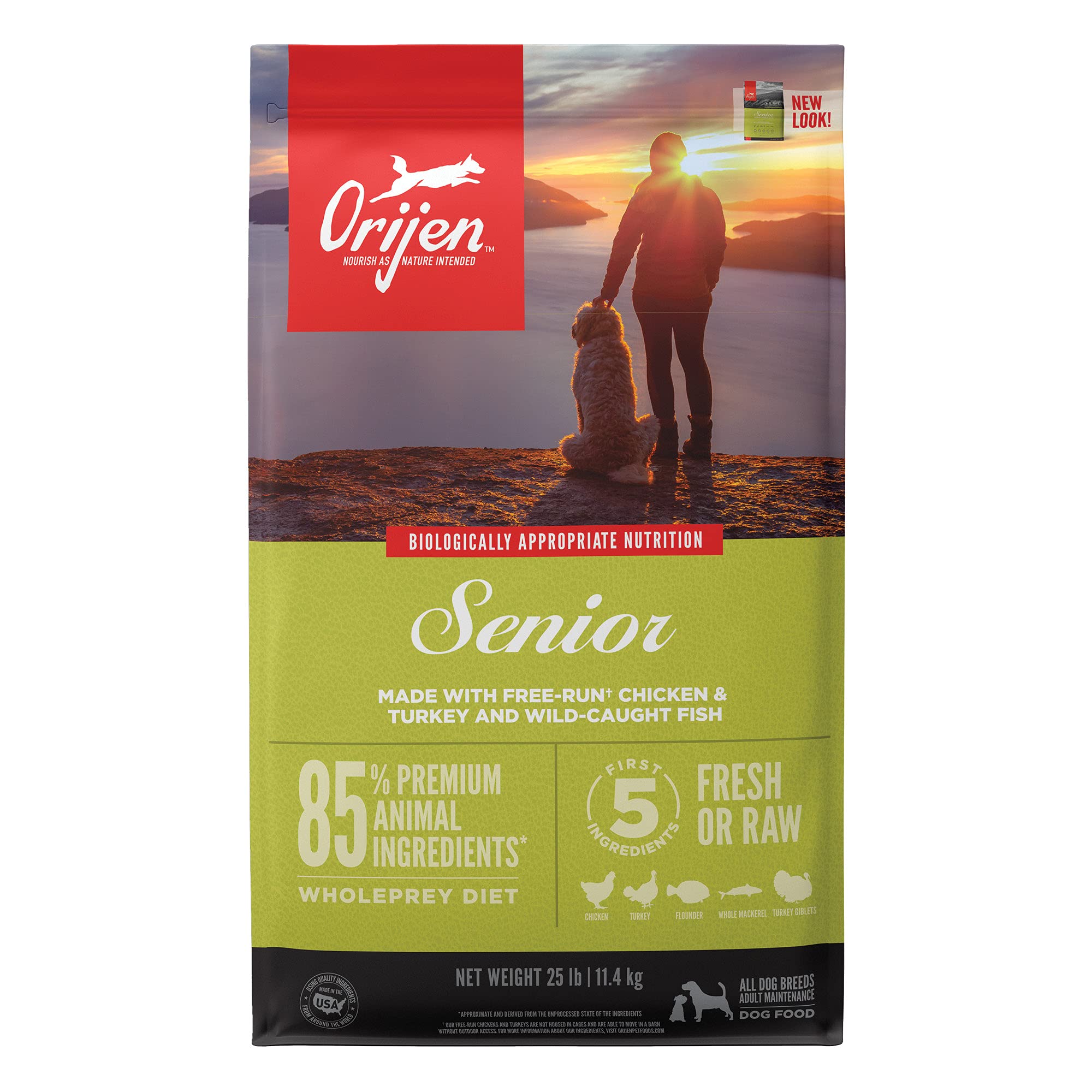 ORIJEN Senior Dry Dog Food - Grain Free, High Protein Recipe with Fresh & Raw Animal Ingredients - Ideal for Aging Dogs with Sensitive Stomachs & Joint Support Needs