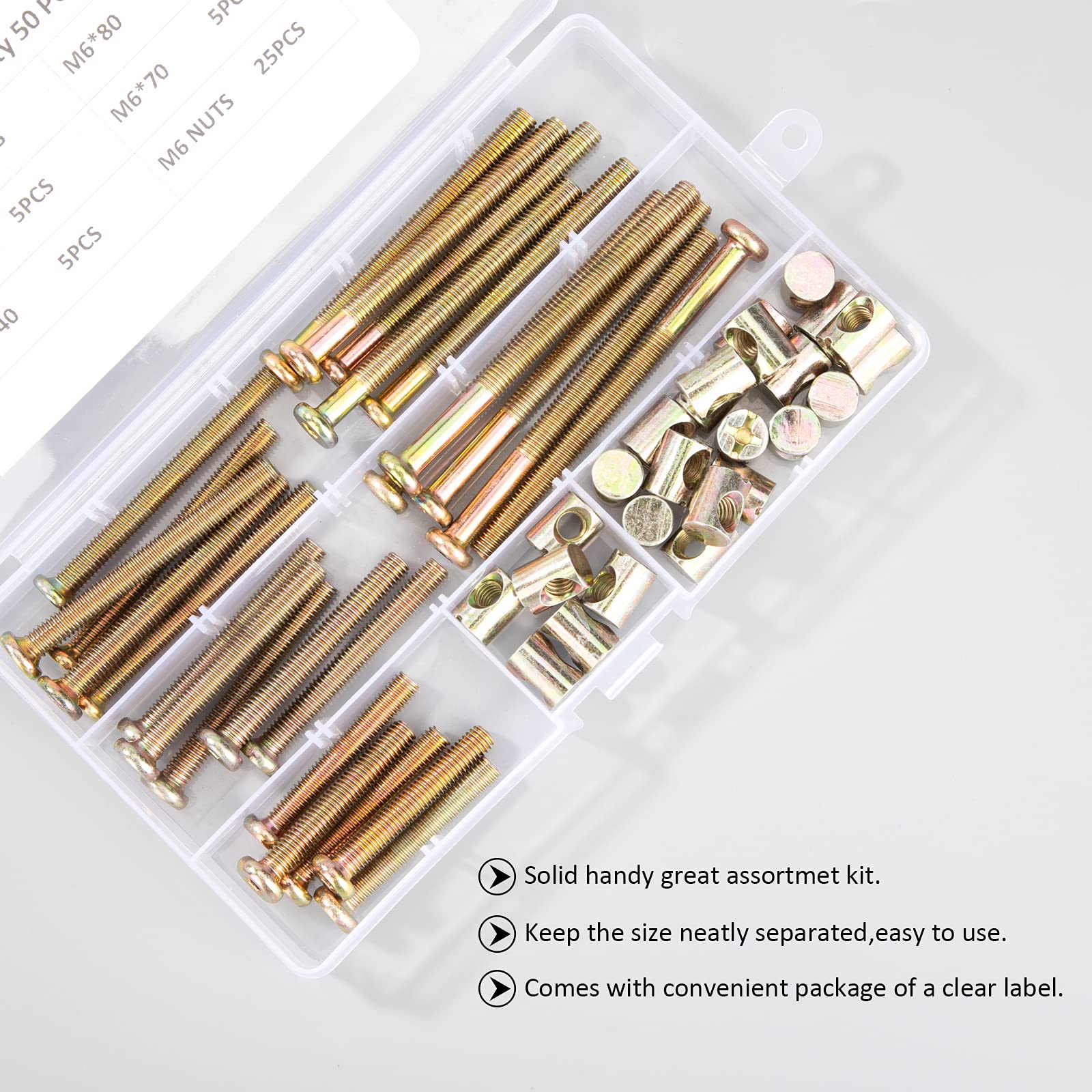 **M6 Barrel Nut Bolts - Carbon Steel Zinc Plated Furniture Screws for Beds, Cribs, Chairs (40/50/60/70/80mm, 50-Pack) - Durable Fasteners for Home Assembly & DIY Projects**