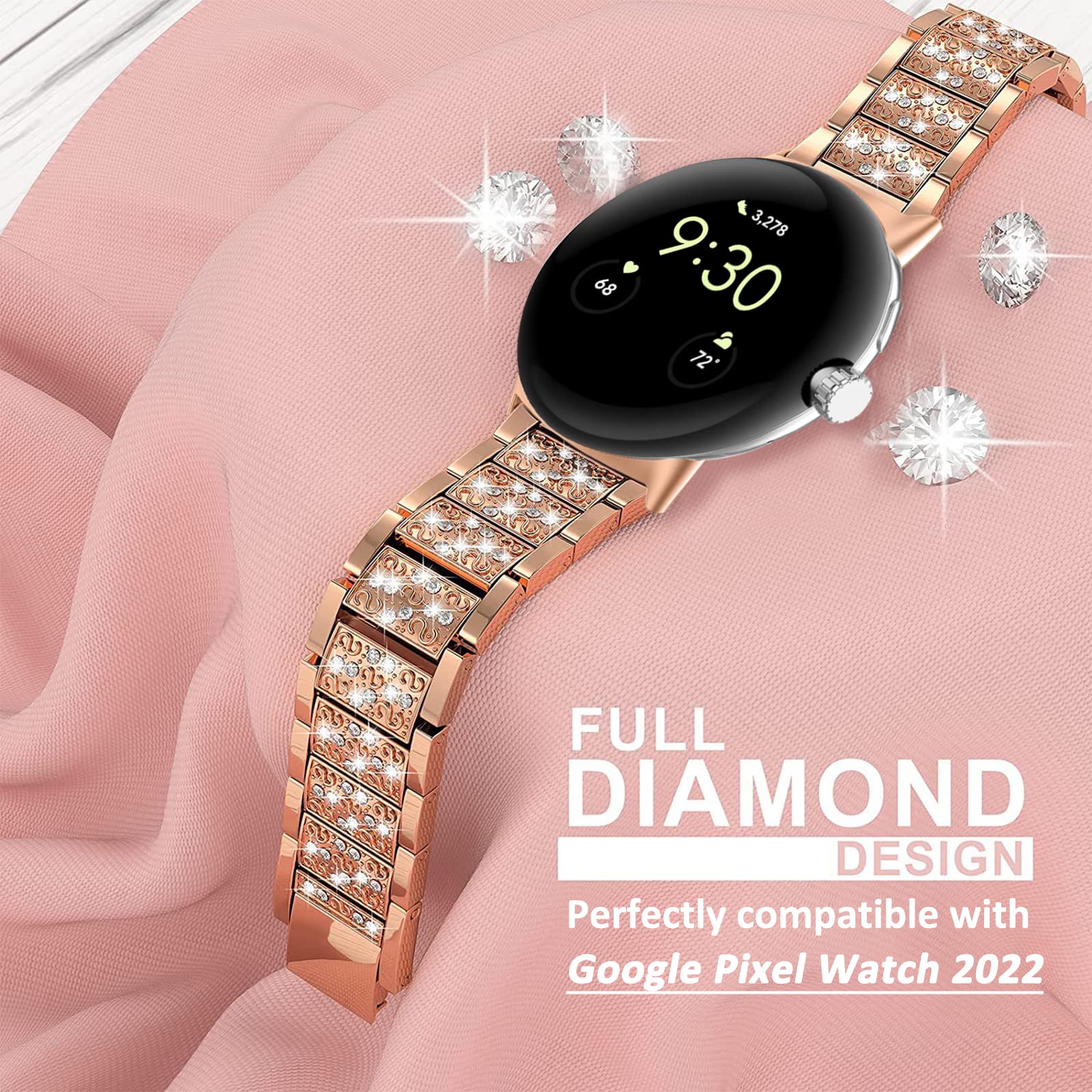 Miimall 41mm Bling Diamond Rhinestone Stainless Steel Band for Google Pixel Watch 3/2 (2024) - Elegant Replacement Strap for Women, Night Out & Special Occasions