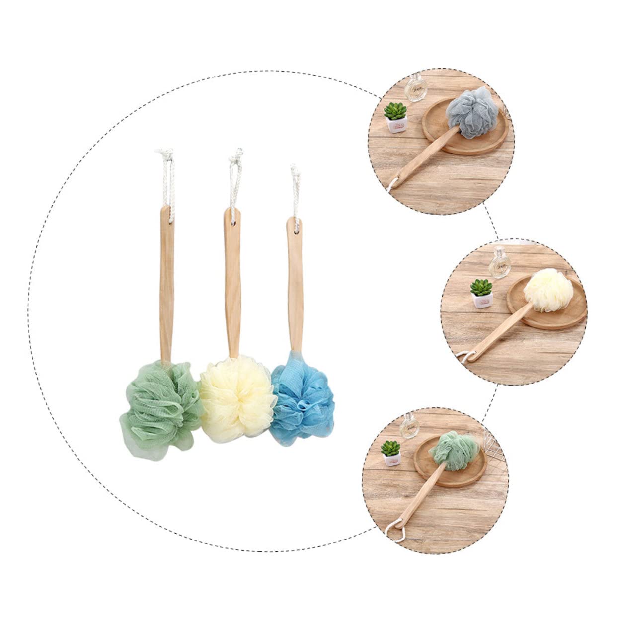 HEMOTON 3-Pack Wooden Back Scrubber with Long Handle - Exfoliating Bath Brush for Deep Cleansing, Body Scrubber & Shower Loofah - Perfect for Spa, Exfoliation & Hard-to-Reach Areas