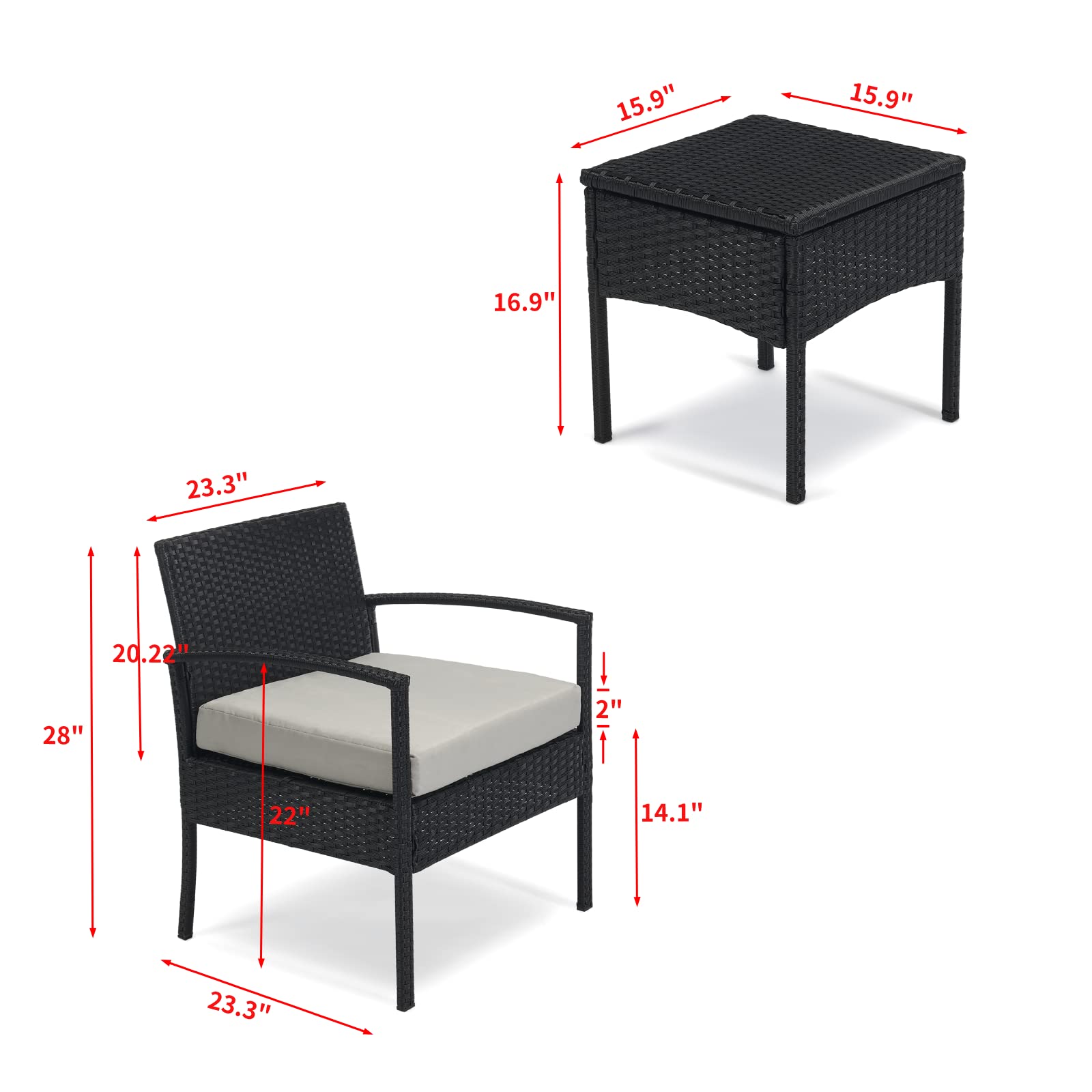 3-Piece Outdoor Patio Furniture Set - Wicker Bistro Chairs with Cushions & Table - Gray Balcony, Backyard, Porch Seating for Relaxing & Entertaining