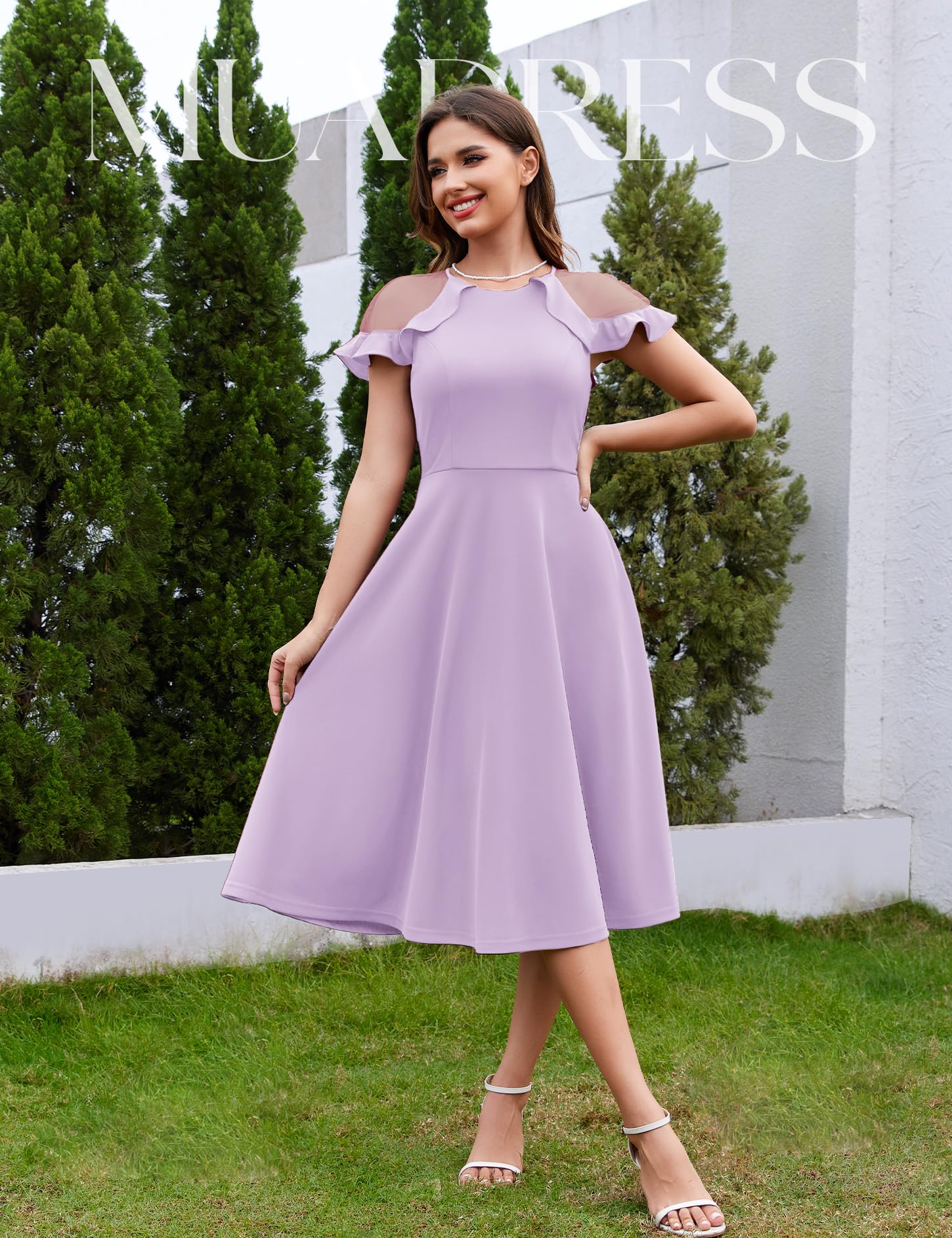 MUADRESS Women's Mesh Ruffle Short Sleeve Crewneck Formal Dress - Knee Length A-Line Party Midi Dress with Pockets for Wedding Guest, Cocktail Party, and Special Occasions