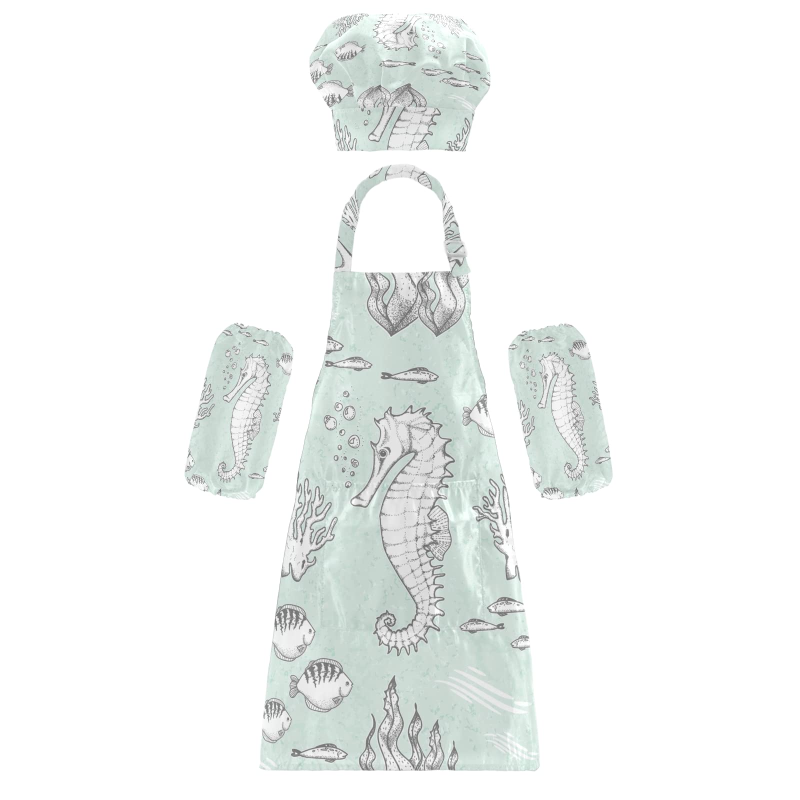 Seahorses Kids Apron Chef Hat Set - Durable Child Kitchen Bib Aprons for Boys & Girls, Perfect for Cooking, Baking, and Pretend Play at Home or School