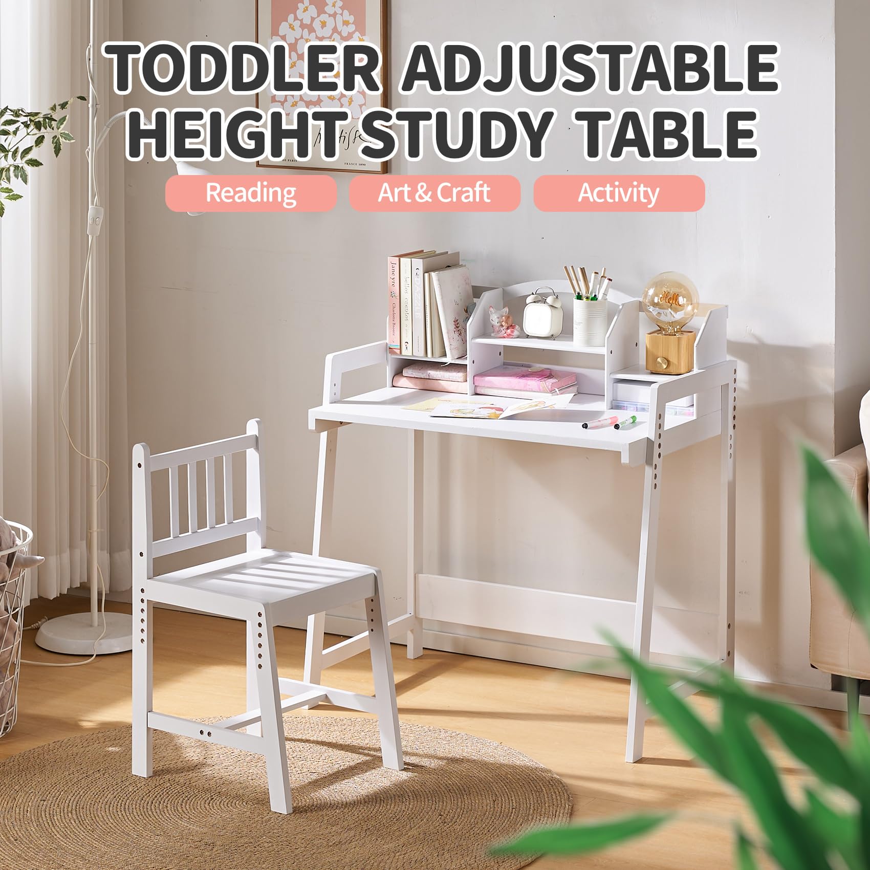 UNICOO Adjustable Height Bamboo Kids Desk and Chair Set - Ergonomic Study Desk for Children, Perfect for Writing, Drawing & Homework - Eco-Friendly & Durable Kids Furniture for Bedroom, Classroom & Homeschooling (White)