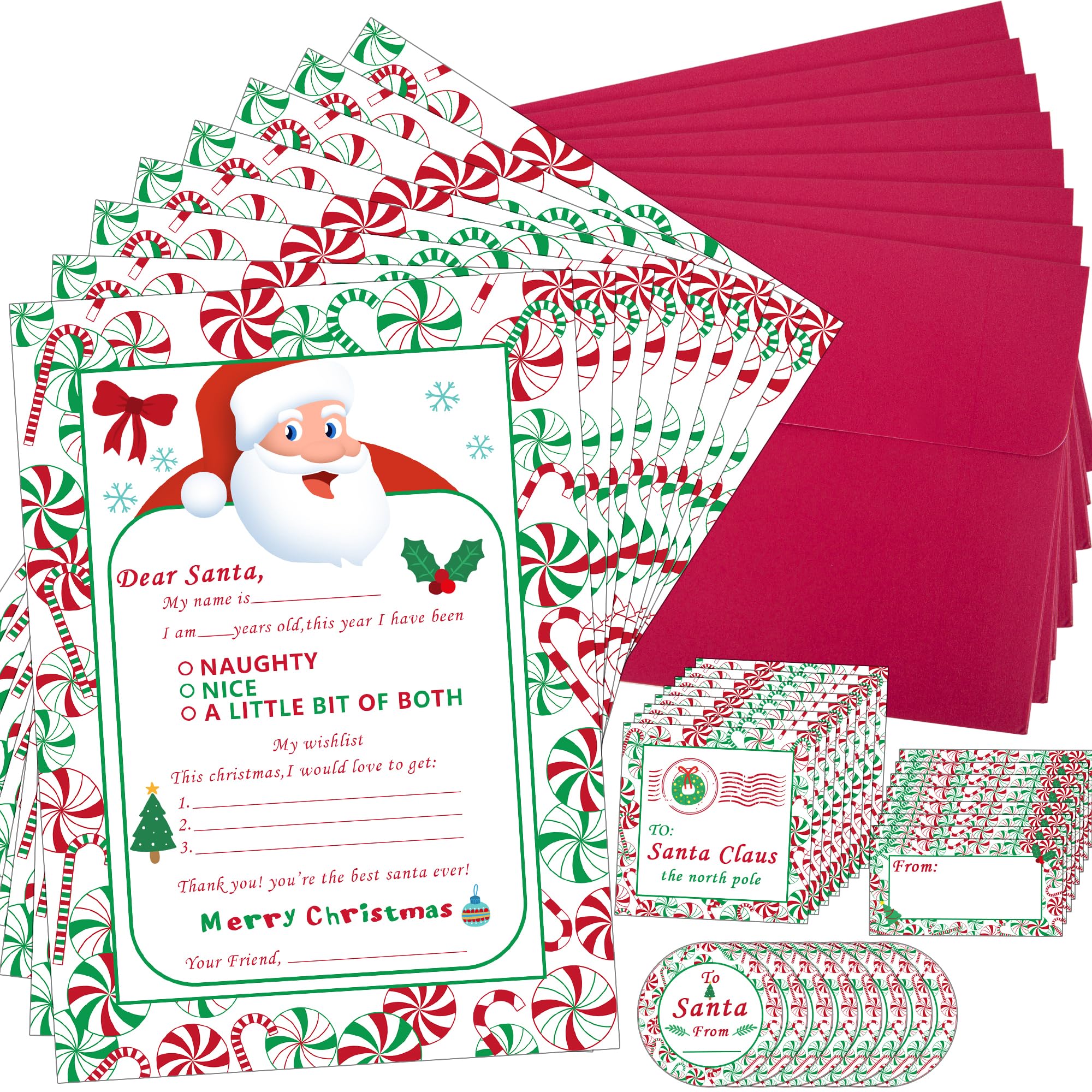 Watayo 40 PCS Official Letter to Santa Kit - 8 Christmas Fill-in-the-Blank Cards with Red Envelopes & Stickers - 5
