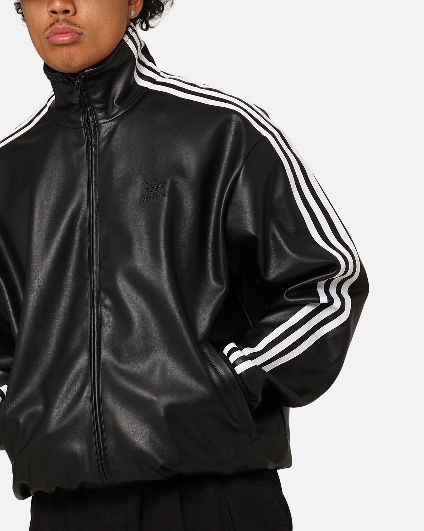 Adidas Faux Leather Adicolor 3-Stripes Firebird Track Jacket for Men & Women - Black Loose Fit Tracksuit Top for Running, Gym & Streetwear Fashion