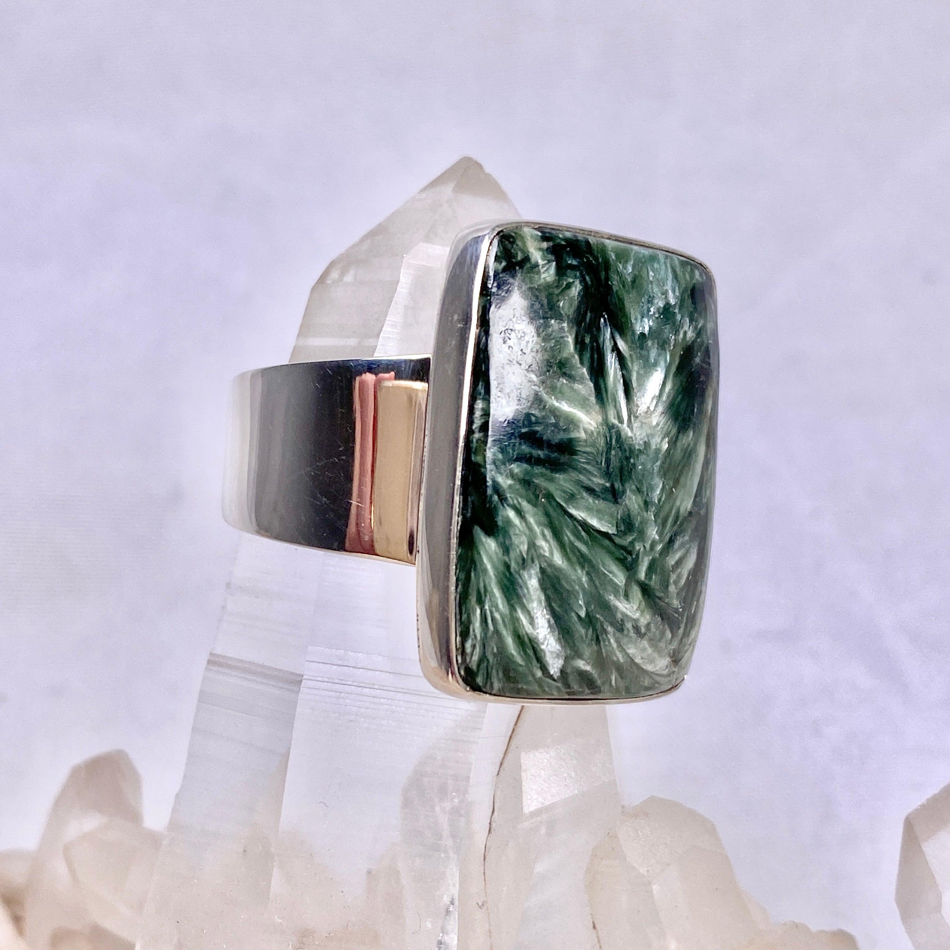 Seraphinite Rectangular Ring Size 12 KRGJ2828 – Elegant Green Gemstone Jewelry for Women, Perfect for Weddings, Parties & Special Occasions