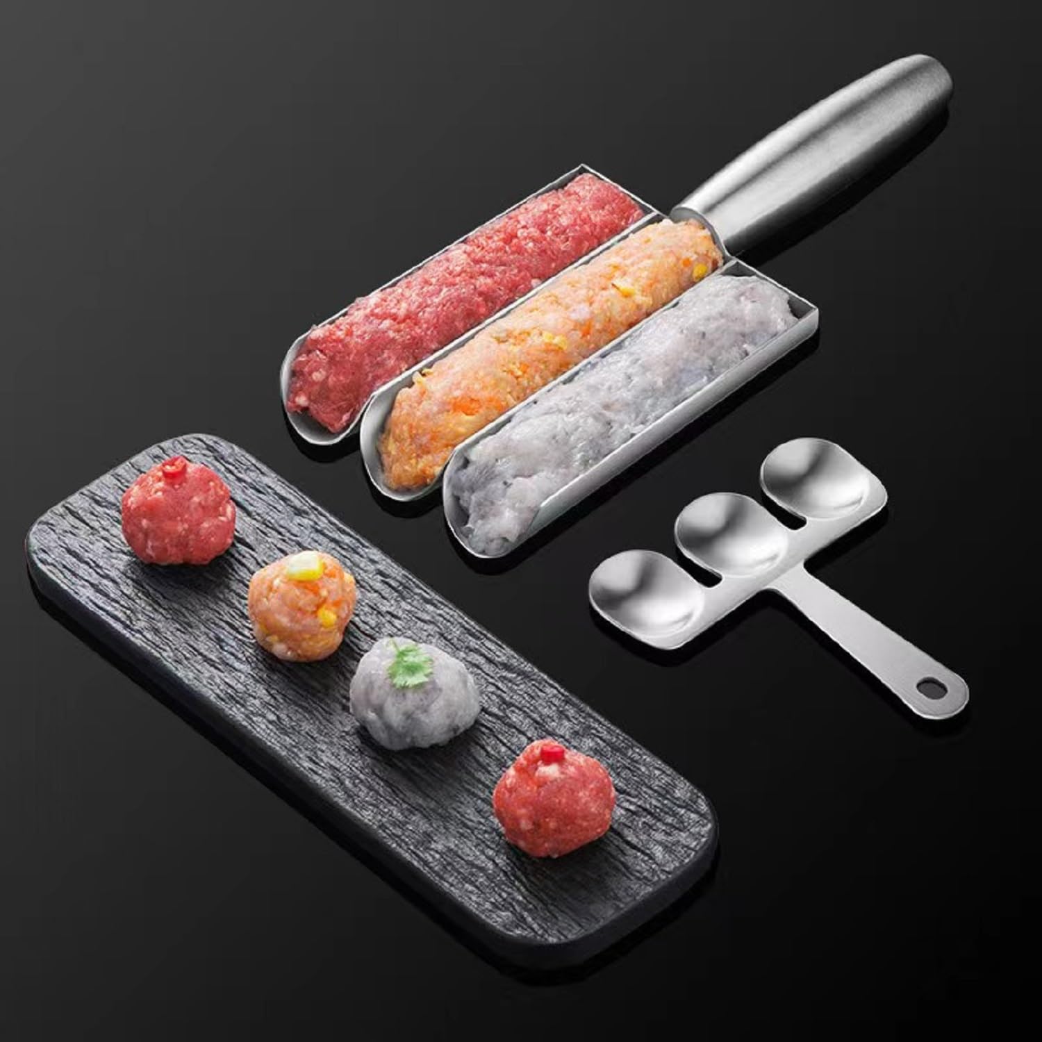 2024 New Stainless Steel Meatball Scoop Maker - Triple Meatball Mold for Cookie Dough & Meatballs | Portable Kitchen Tool for Baking, Cooking, Meal Prep & Party Food Making (Single Tube, Silver)