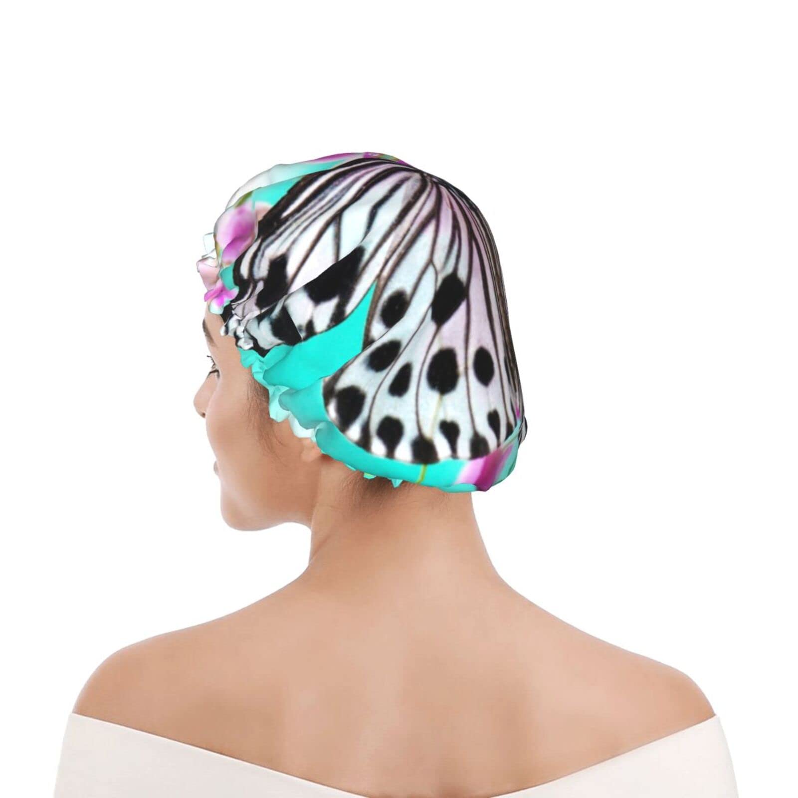 Waterproof Reusable Shower Cap for Women - Cute Butterfly Floral Design Bathing Hair Cap for Shower, Swimming & Spa (Pink)