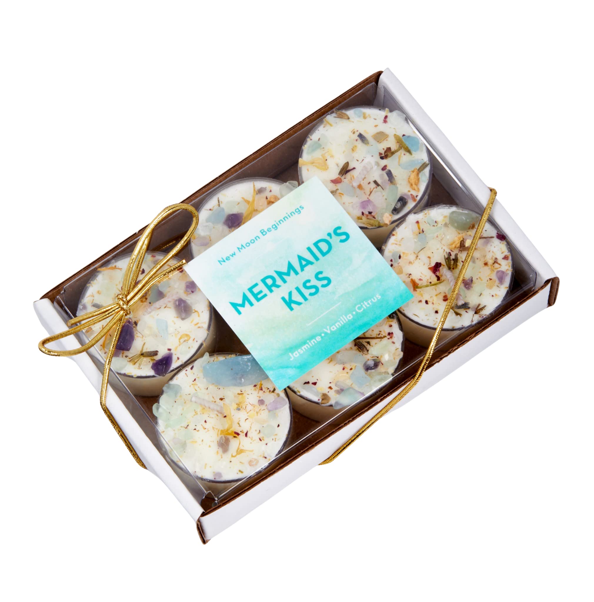 Mermaid's Kiss Soy Candles Set of 6 - All Natural Ocean & Citrus Scented Tealights with Dried Flowers, Herbs & Crystals - Perfect for Spa Nights, Meditation & Home Decor