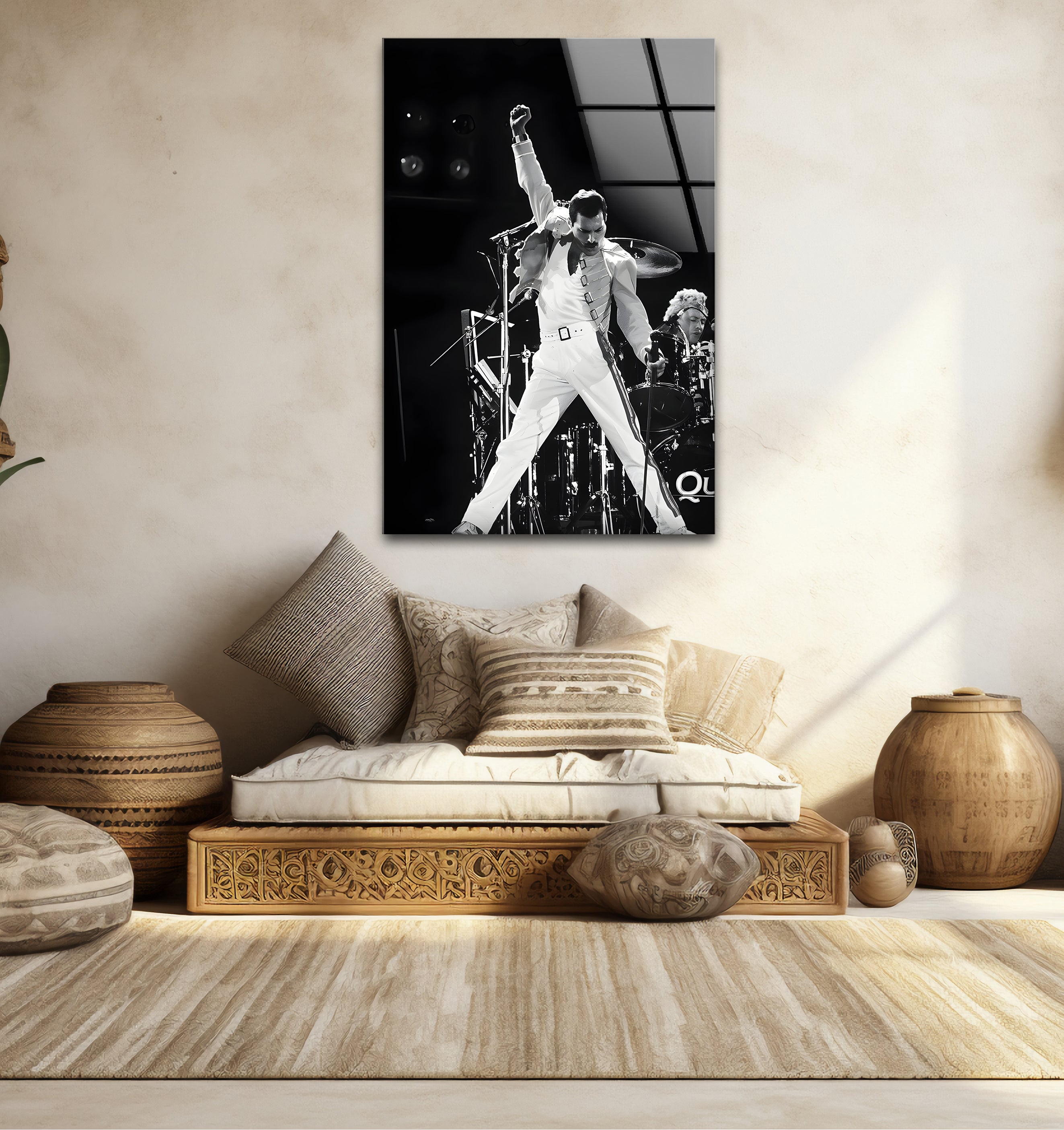 Freddie Mercury Glass Wall Art - Black & White Queen Band Tribute for Home & Office Decor - Perfect for Music Lovers & Retro Style Interiors