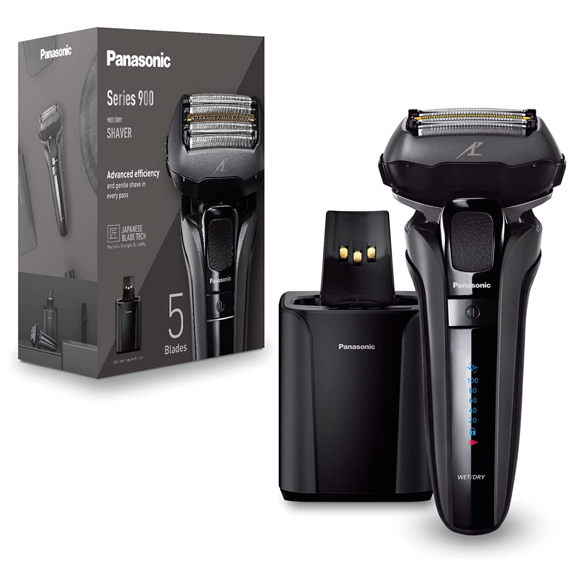 Panasonic ES-LV9U Premium 5-Blade Wet & Dry Electric Razor for Men - Black Shaver with Cleaning & Charging Station - Ultra Close & Comfortable Shave - UK 2-Pin Plug - Perfect for Travel, Home & Office Use