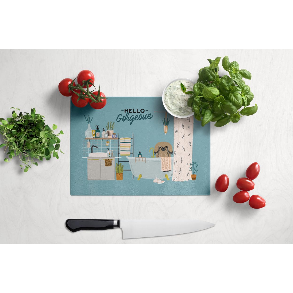 Pekingese Dog in Bathtub Tempered Glass Cutting Board - Large Decorative Kitchen Chopping & Serving Board for Fruits, Cheese, Charcuterie - Durable & Stylish Countertop Decor