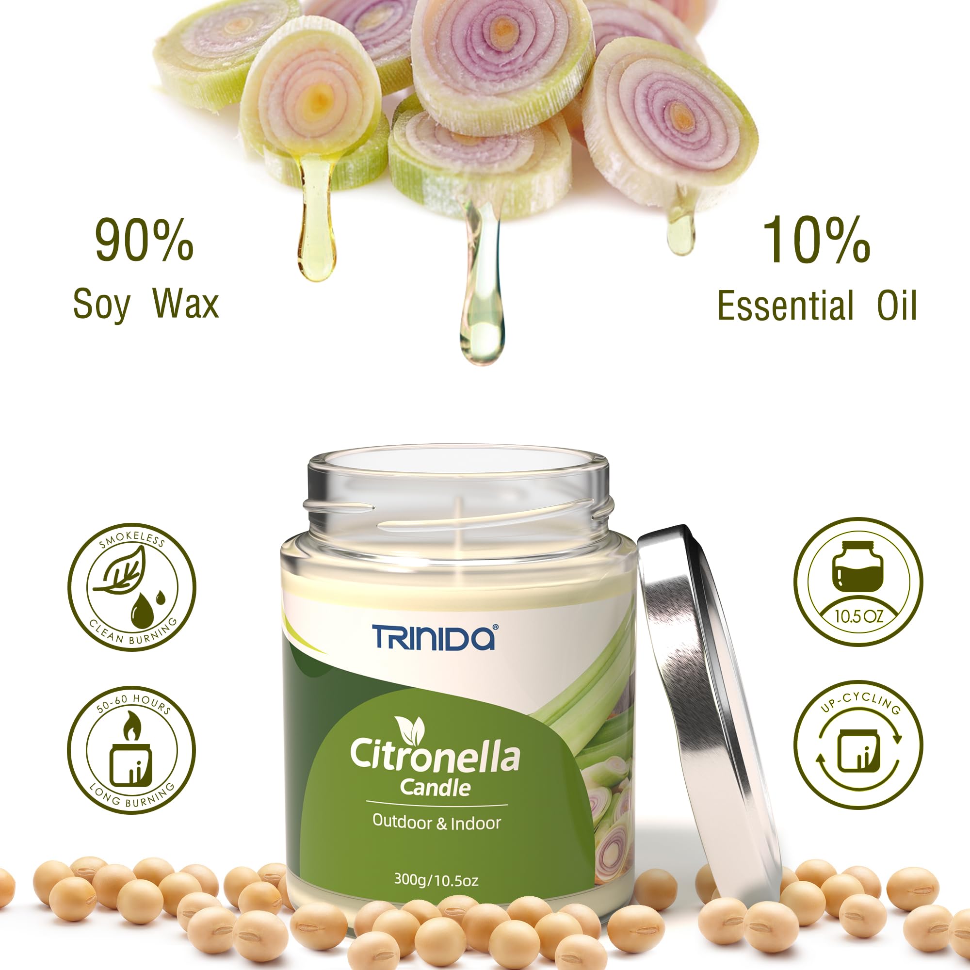 TRINIDa Citronella Candles - 10.5oz Soy Candle for Outdoor & Indoor Use