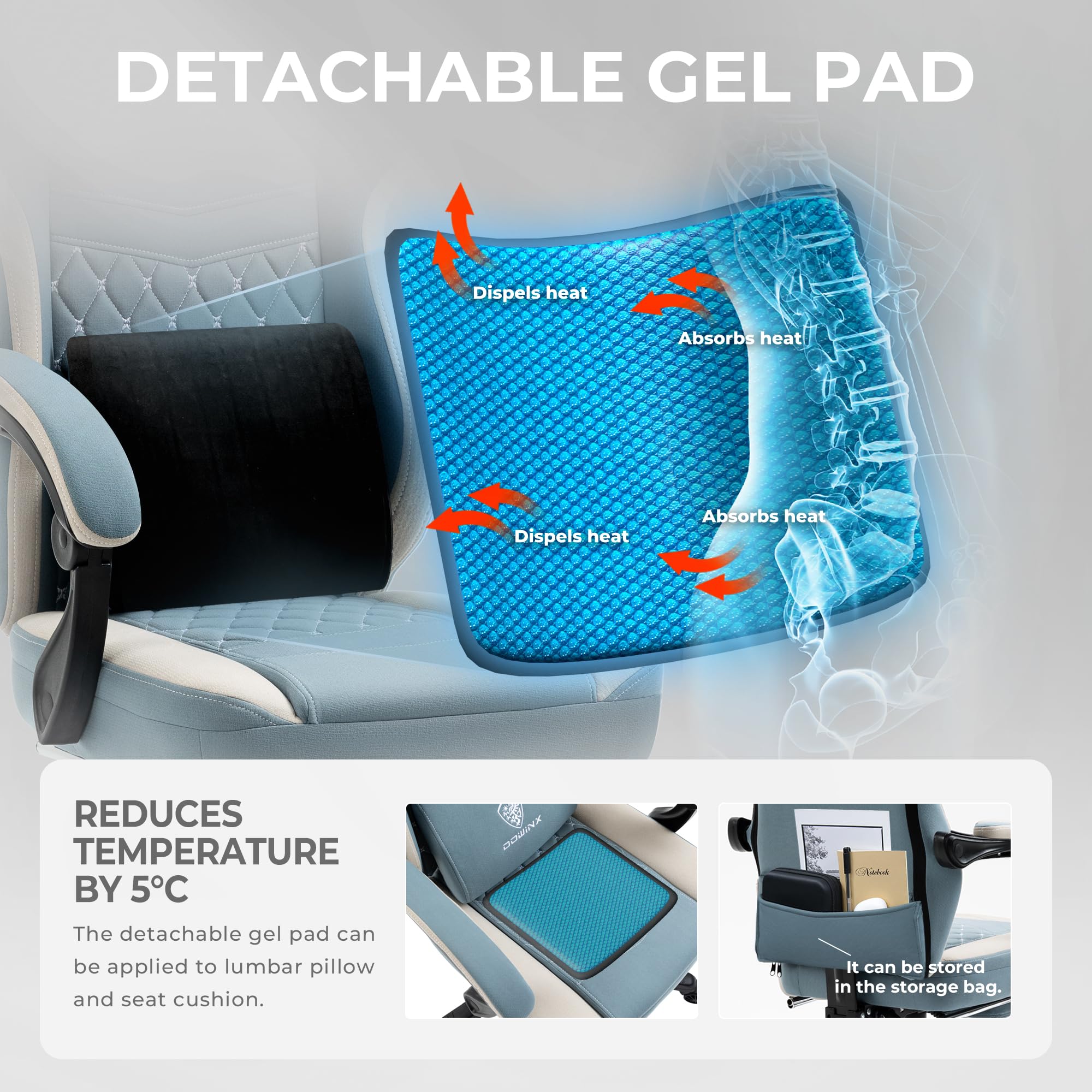Dowinx Ergonomic Gaming Chair - Breathable Fabric Office Chair with Pocket Spring Cushion & Gel Pad, Adjustable Footrest & Storage Bag - Blue Computer Chair for Gamers & Home Office Use