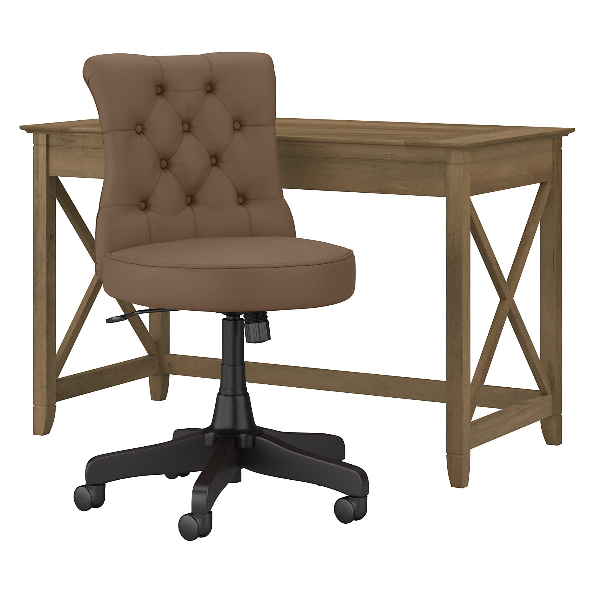 Bush Furniture Key West 48W Reclaimed Pine Writing Desk with Mid Back Tufted Office Chair - Perfect for Home Office, Study Room & Small Workspace