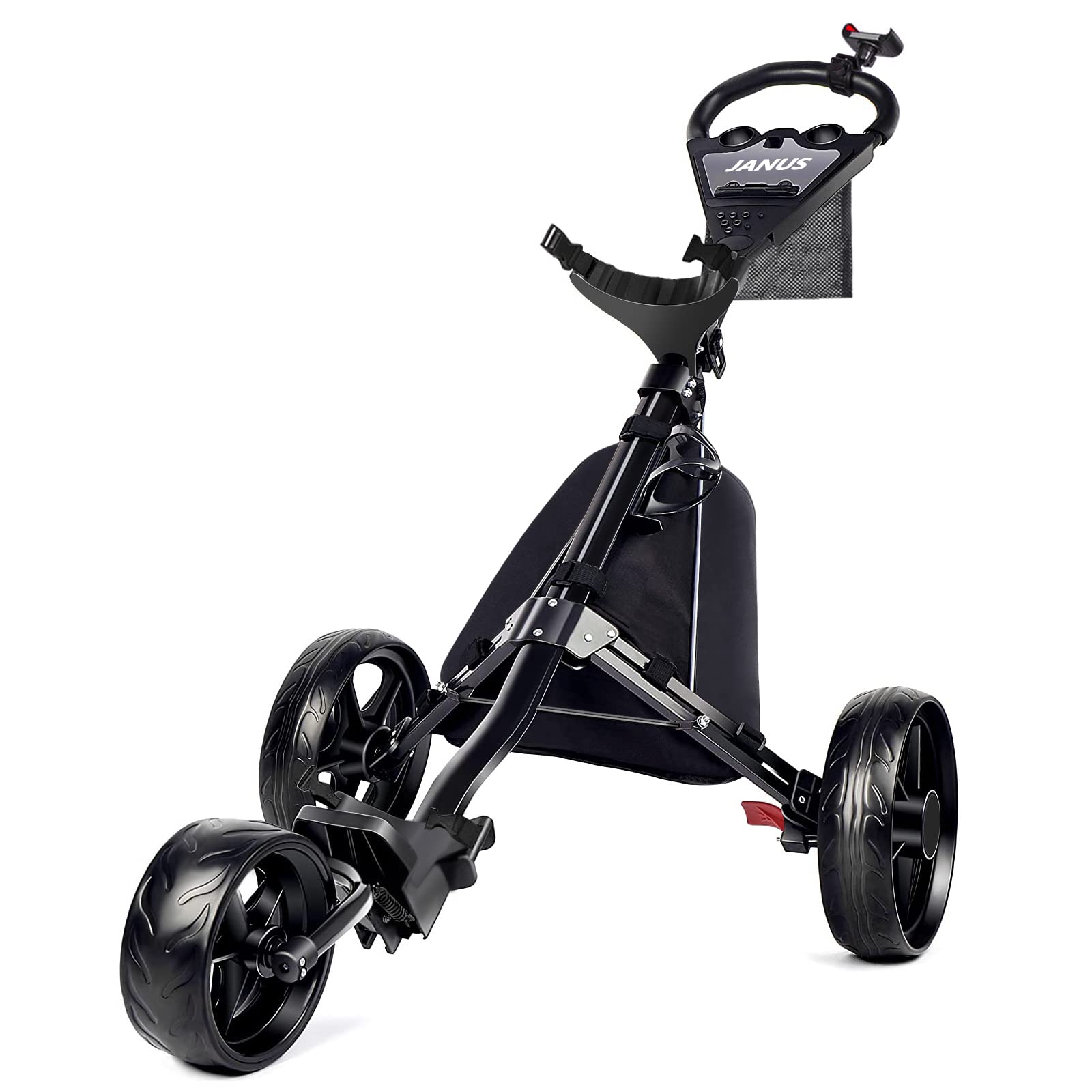 JANUS Foldable Golf Push Cart with Foot Brake, Phone Holder & Ice Bag - Lightweight Golf Bag Cart for Men, Women & Kids - Perfect for Golf Courses, Driving Range & Outdoor Practice