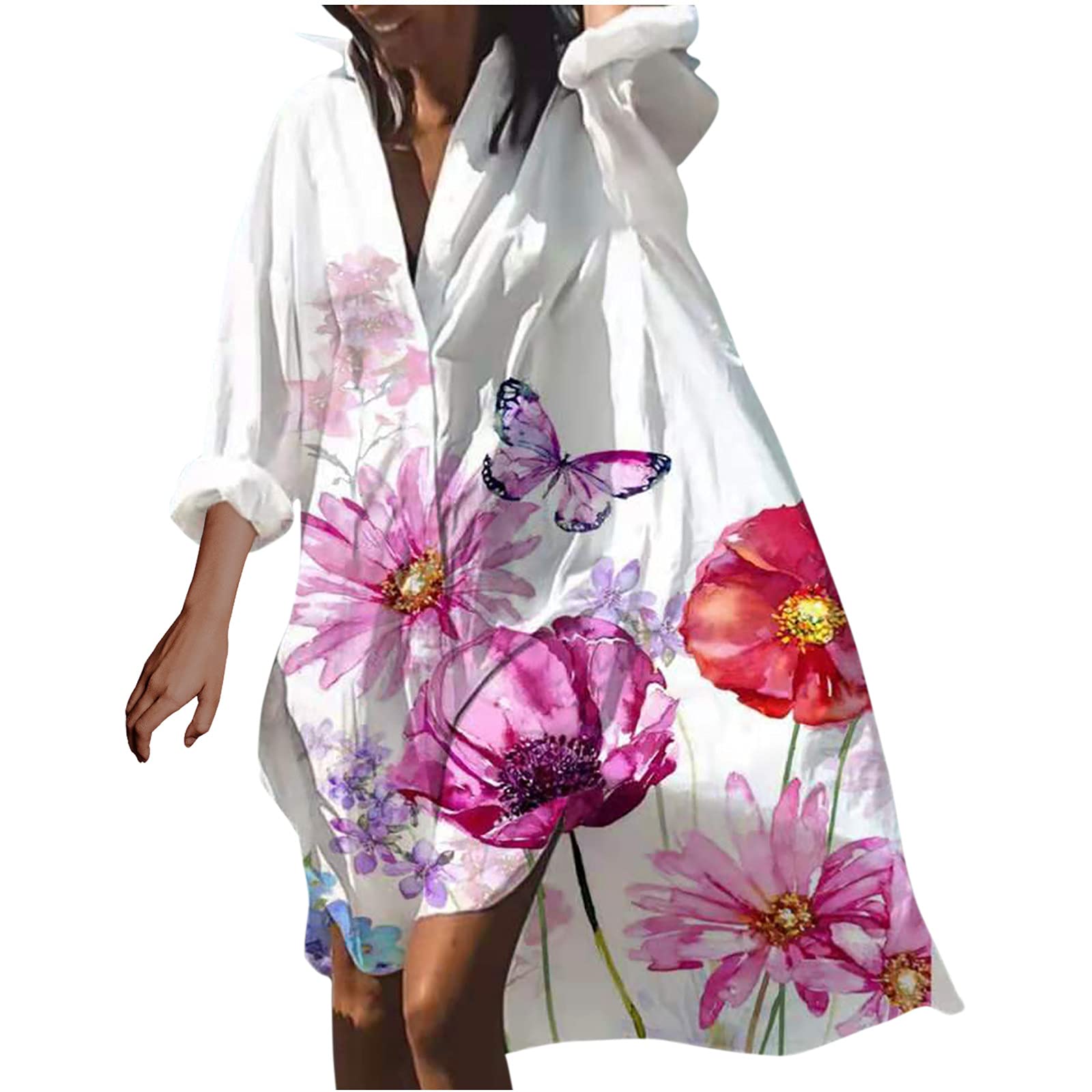 Plus Size Women's Floral Print V-Neck Long Sleeve Dress - Elegant Wedding Guest Outfit with Irregular Hem & Loose Fit - Purple Sundress for Special Occasions & Summer Events