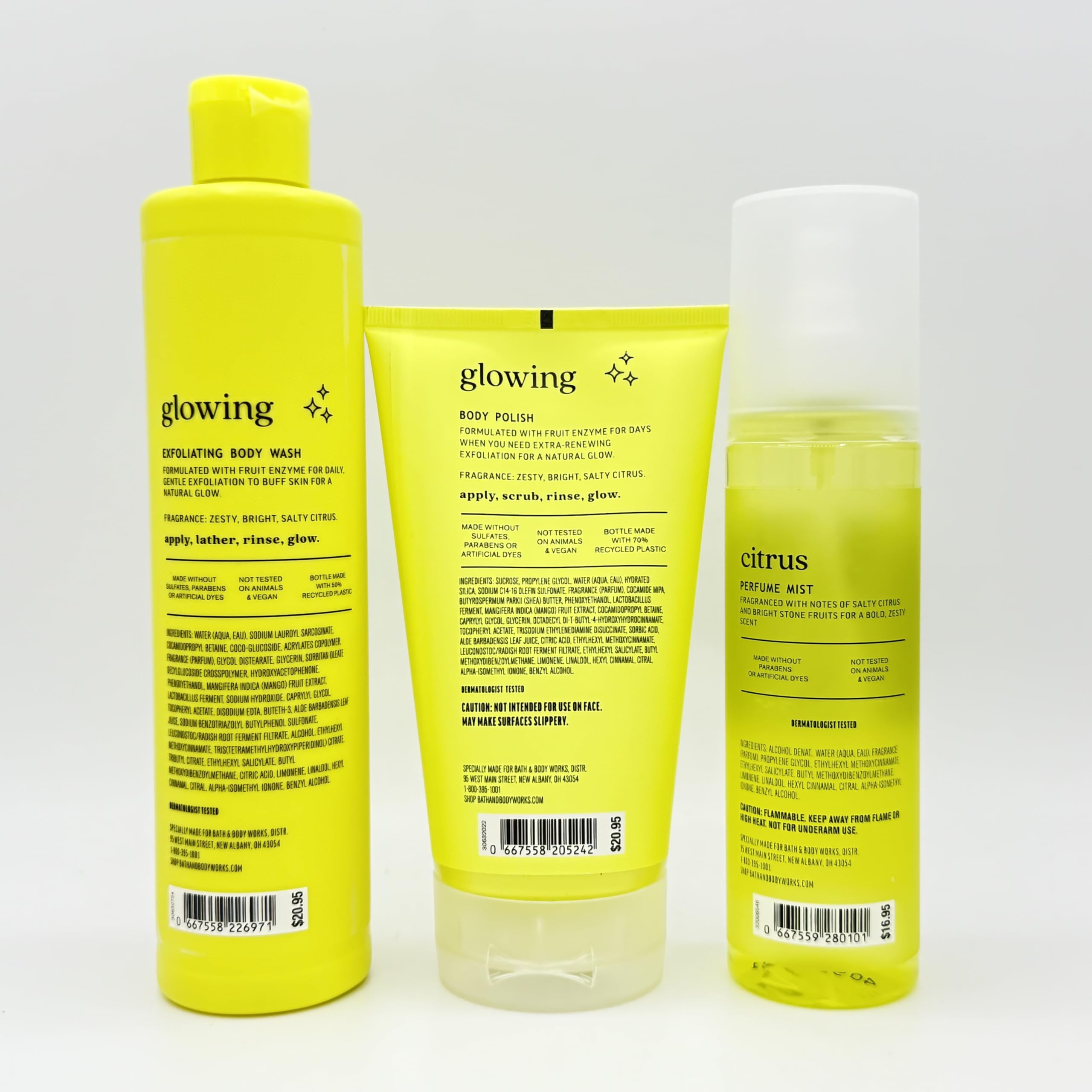 Glowing Fruit Enzyme Bath & Body 3-Piece Set - Exfoliating Body Wash, Body Scrub & Citrus Perfume Mist for Smooth, Radiant Skin | Perfect for Spa Day, Self-Care Routine & Gift Giving