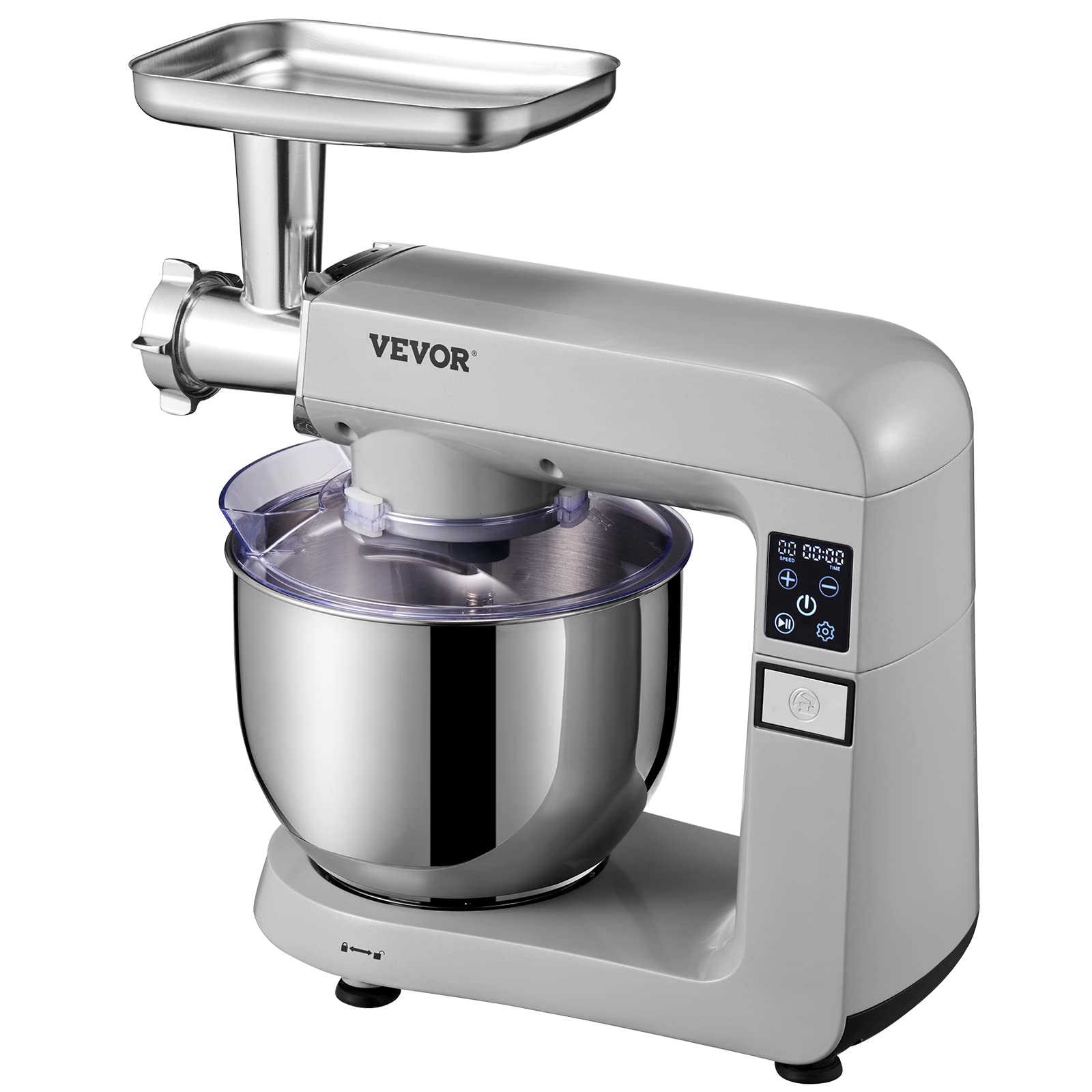 VEVOR 6-in-1 Stand Mixer 450W Tilt-Head Electric Kitchen Mixer with 6 Speeds LCD Timer, 7.4Qt Stainless Steel Bowl - Includes Dough Hook, Flat Beater, Whisk, Scraper, Grinder & Sausage Stuffer - Perfect for Baking, Cooking, Meal Prep & Home Kitchen Use (Gray)