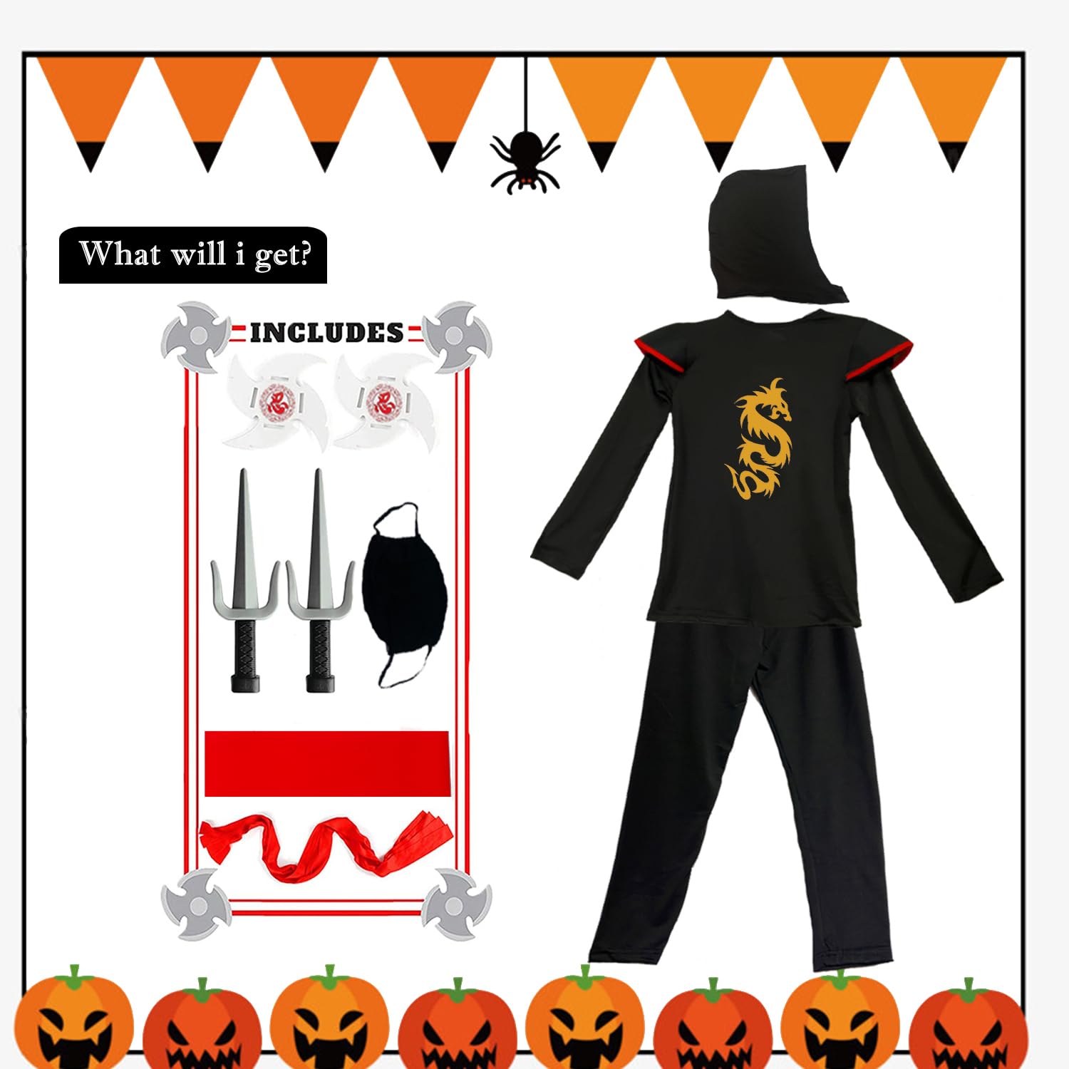 Boys Ninja Costume Set for Halloween - Kids Ninja Warrior Outfit with Mask & Belt - Perfect for Halloween Parties, Cosplay & Dress-Up Play