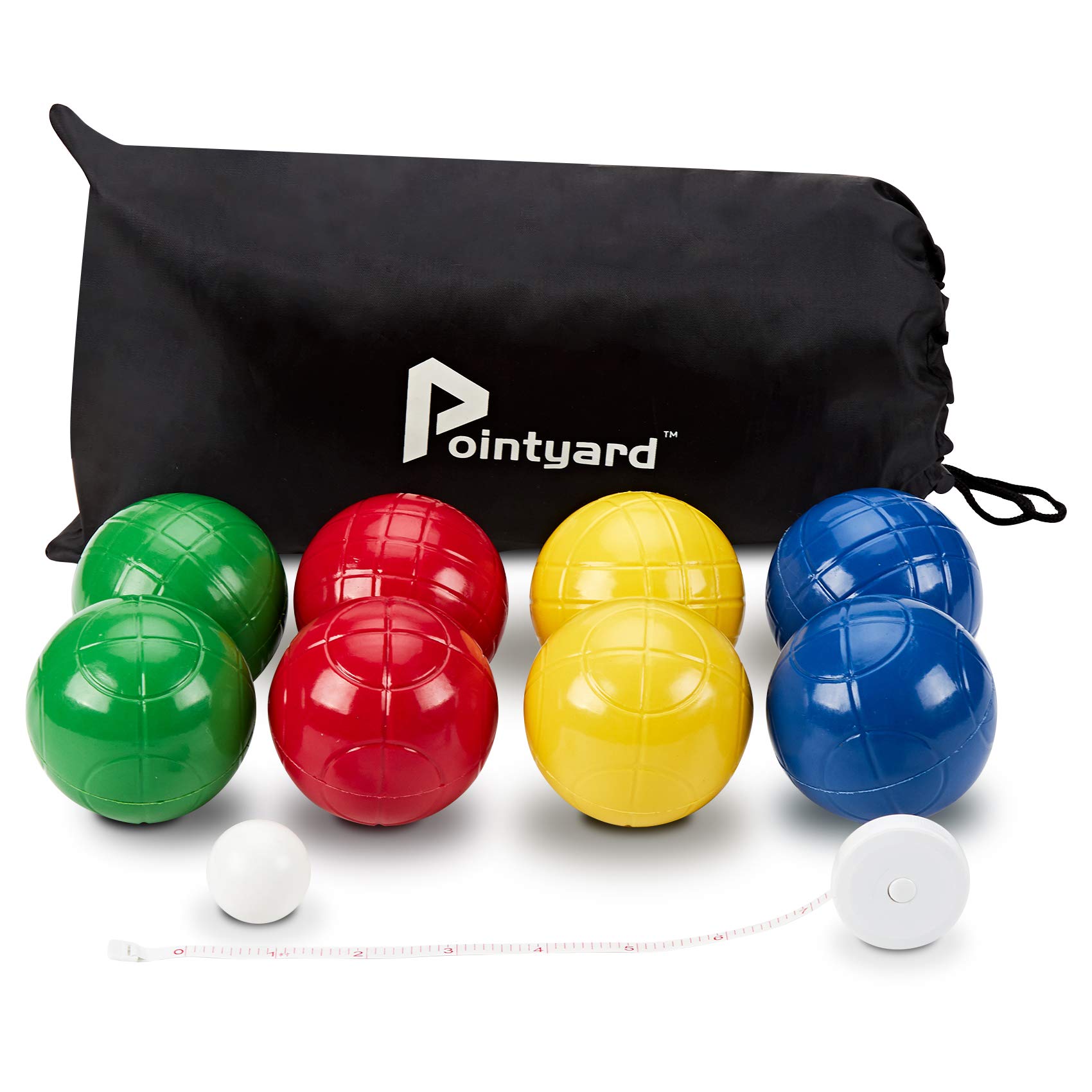 **Regulation 100mm Bocce Ball Set - 8 PE Balls, Pallino, Carry Bag & Measuring Tape - Outdoor Family Game for Backyard, Lawn, Beach, Picnics & Parties (Red, Blue, Green, Yellow)**