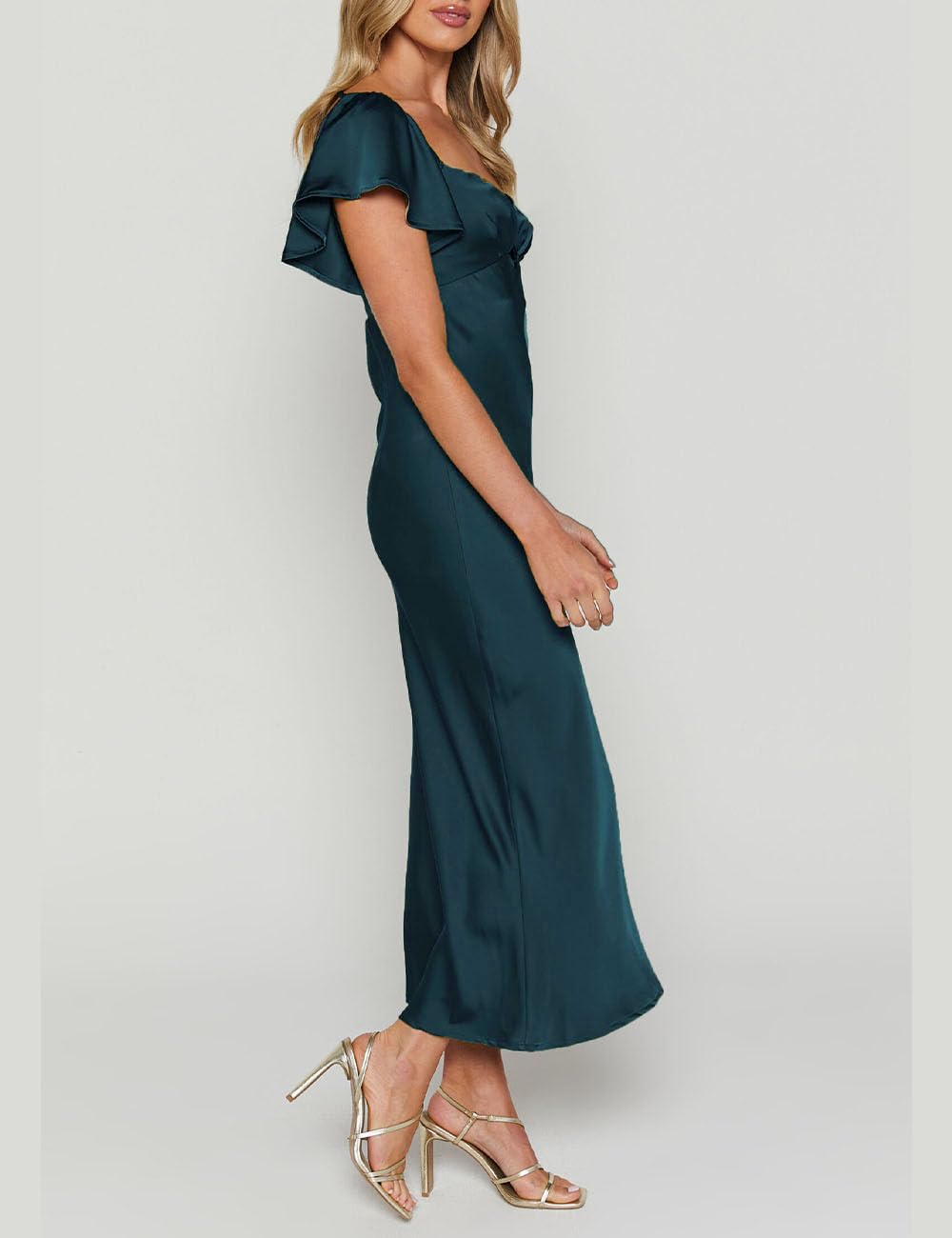 Elegant Summer Satin Flutter Sleeve Wedding Guest Dress for Women - Sweetheart Neckline, Cutout Back, Midi Cocktail Dress - Perfect for Weddings, Parties & Special Occasions