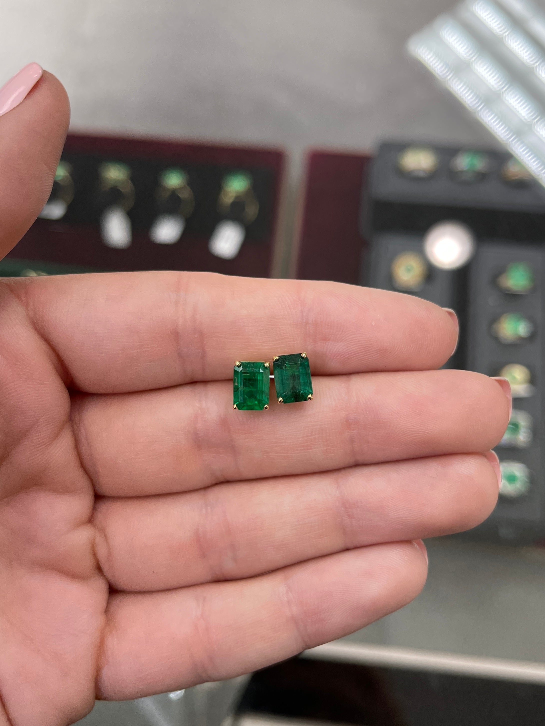 AAA 5.0TCW Vivid Dark Forest Green Emerald Cut Solitaire Stud Earrings in Solid 18K Gold - Perfect for Weddings, Parties & Special Occasions