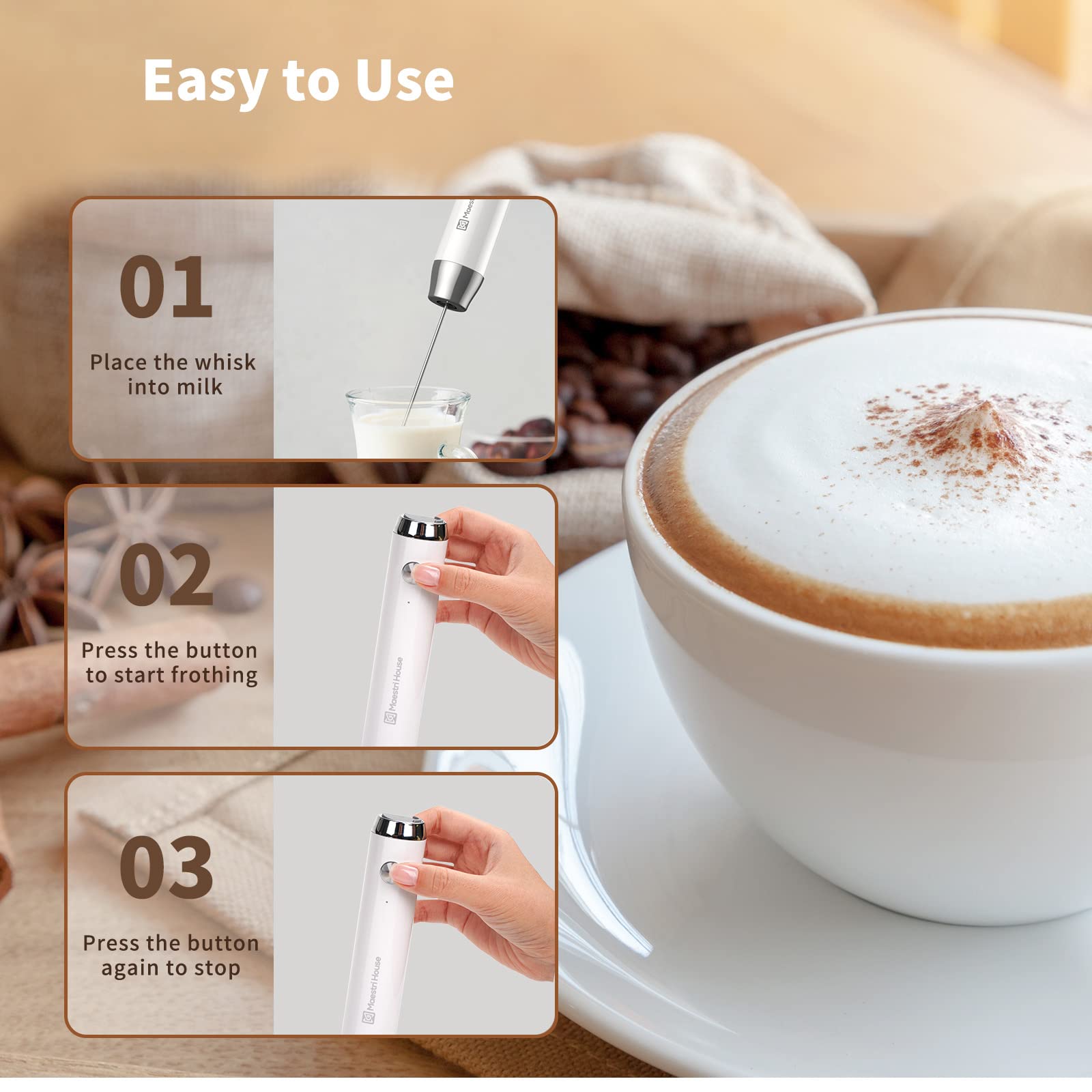 Maestri House Rechargeable Milk Frother - Handheld Electric Foam Maker for Lattes & Cappuccino, Waterproof & Detachable Stainless Steel Whisk, Drink Mixer & Foamer - Perfect for Coffee Shops, Home Baristas & Office Use