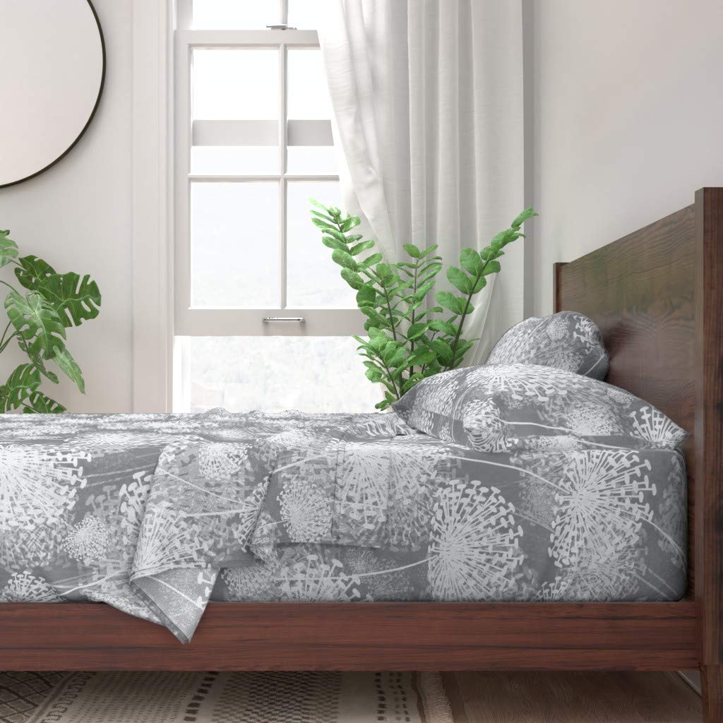 Spoonflower 100% Cotton Twin 3-Piece Sheet Set - White Gray Floral Midcentury Modern Dandelion Nature Print Bedding | Soft Breathable Custom Sheets for Cozy Bedroom Decor