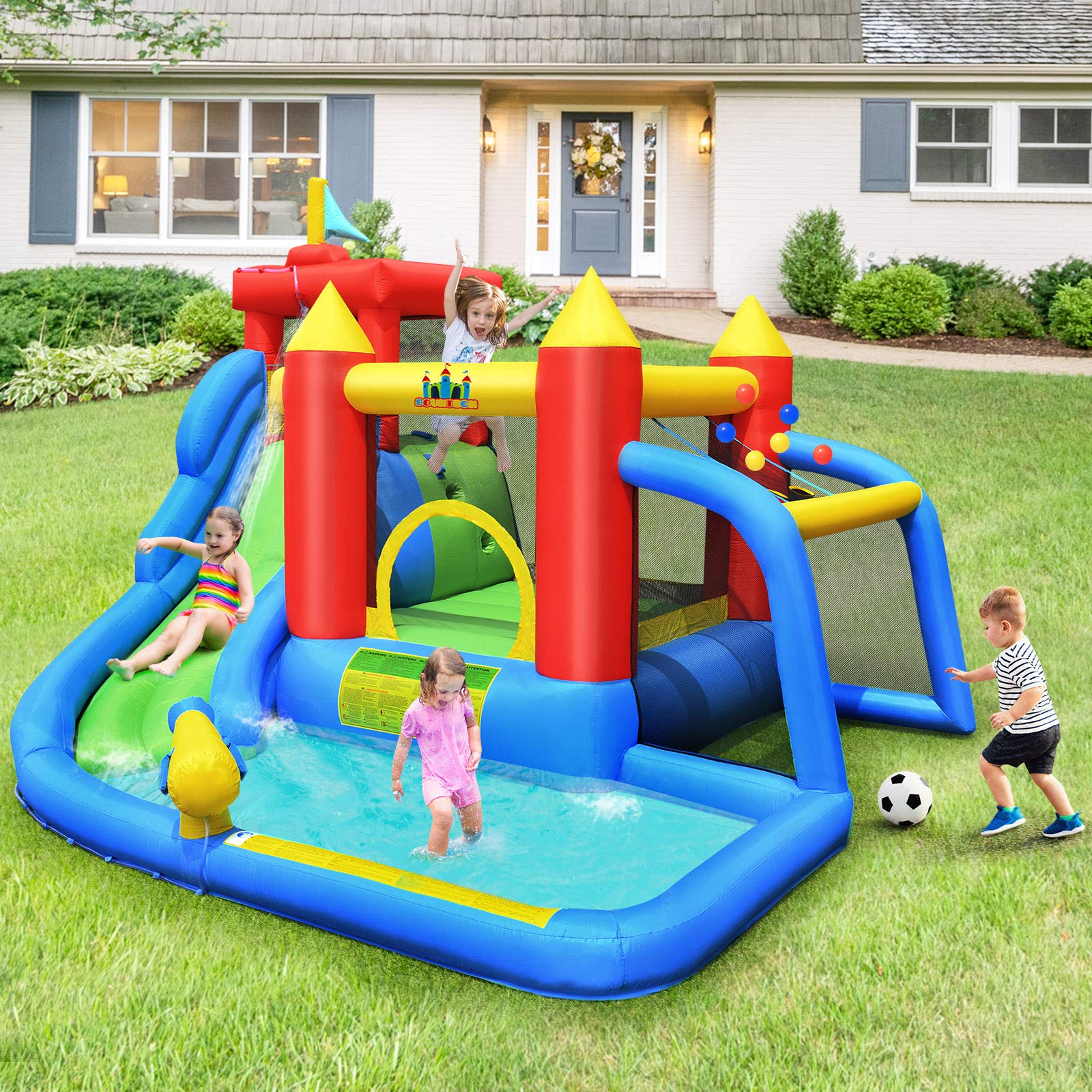 BOUNTECH 7-in-1 Inflatable Water Slide Park with Football Gate & Splash Pool - Giant Bounce House for Kids & Adults - Backyard Water Slides for Summer Outdoor Fun - Perfect Birthday Gift & Party Entertainment